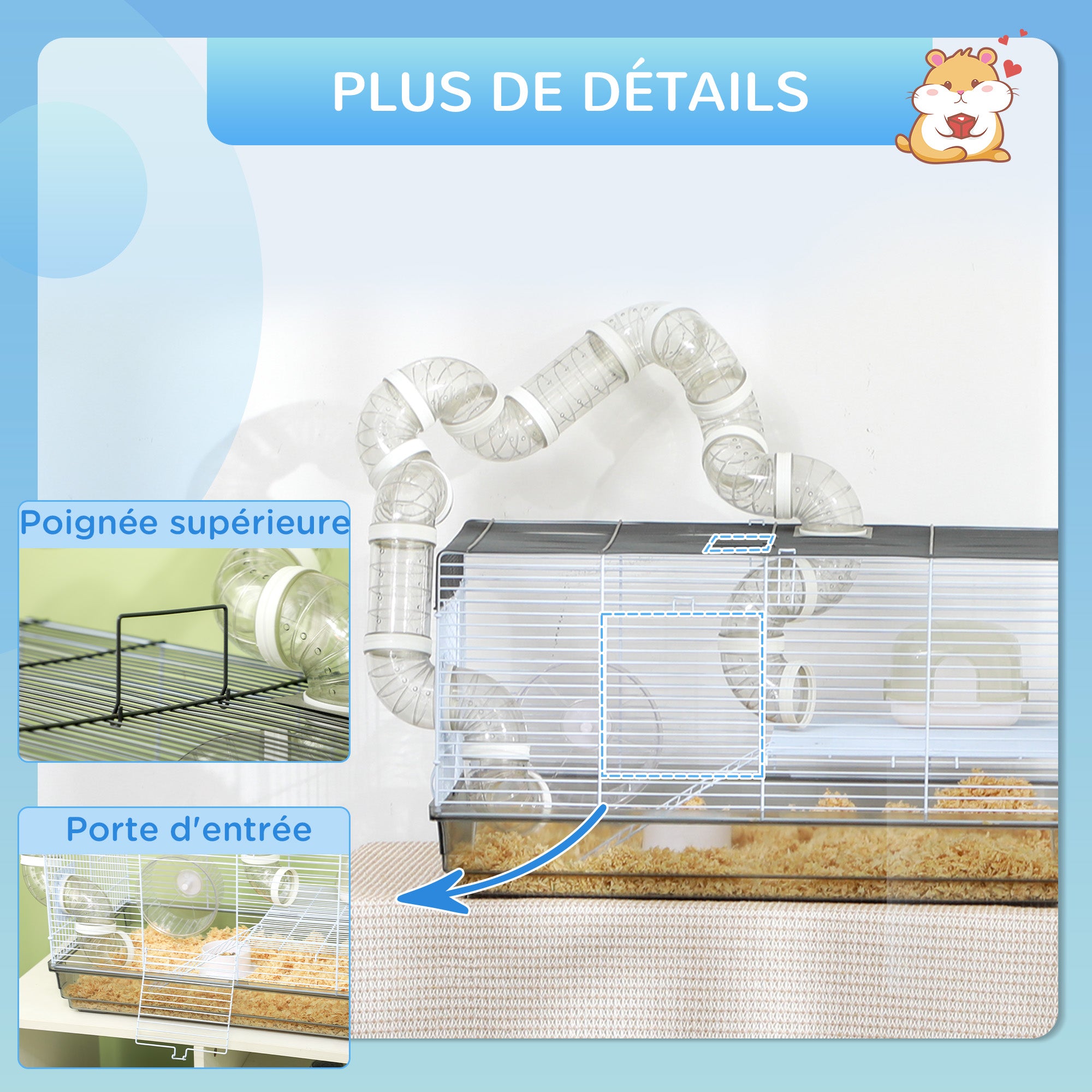 Hamster Cage, Rodent Cage, with Tunnel and Accessories Included, Hamster Cage, Handle, Steel Wire, 58 x 32 x 31 cm, Gray