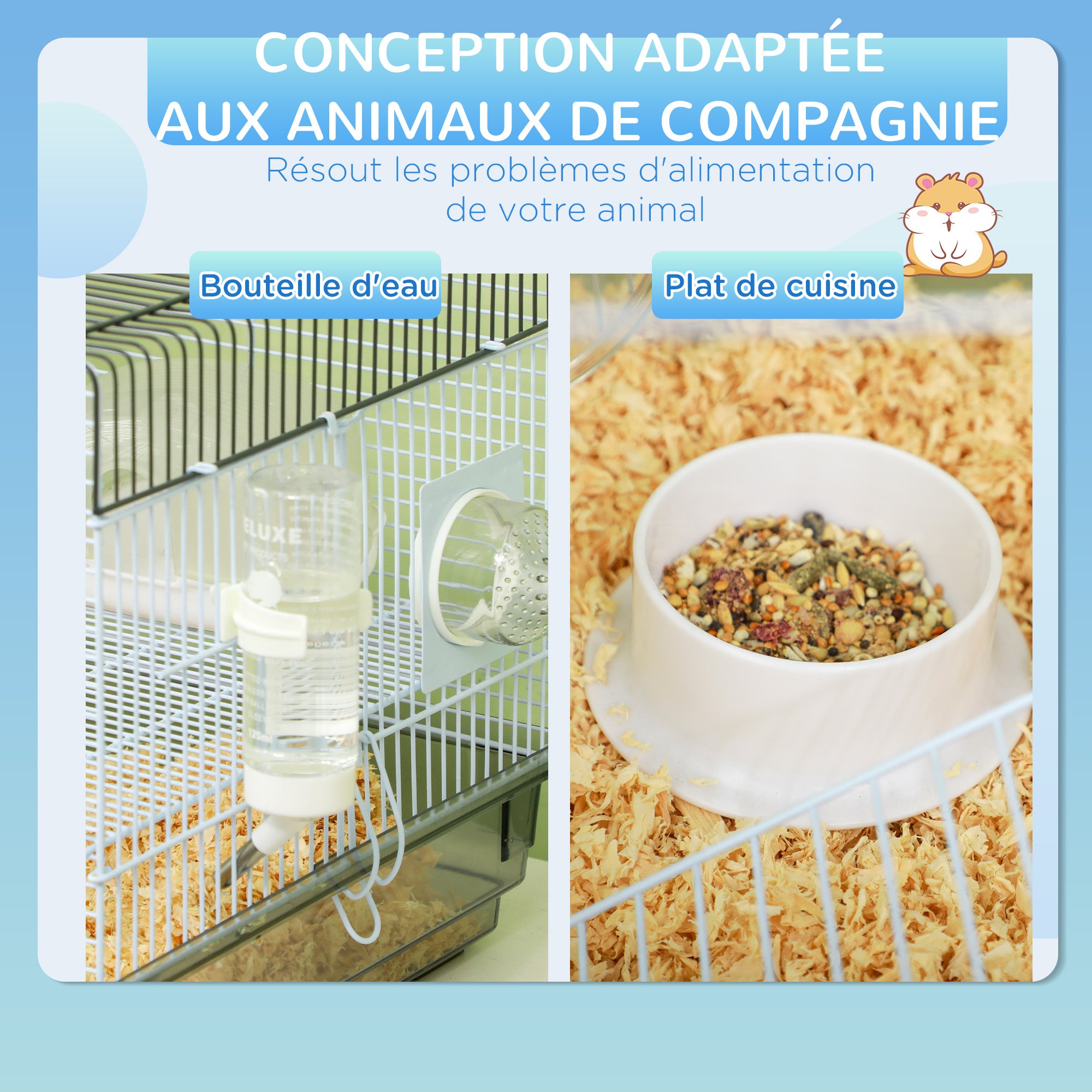 Hamster Cage, Rodent Cage, with Tunnel and Accessories Included, Hamster Cage, Handle, Steel Wire, 58 x 32 x 31 cm, Gray