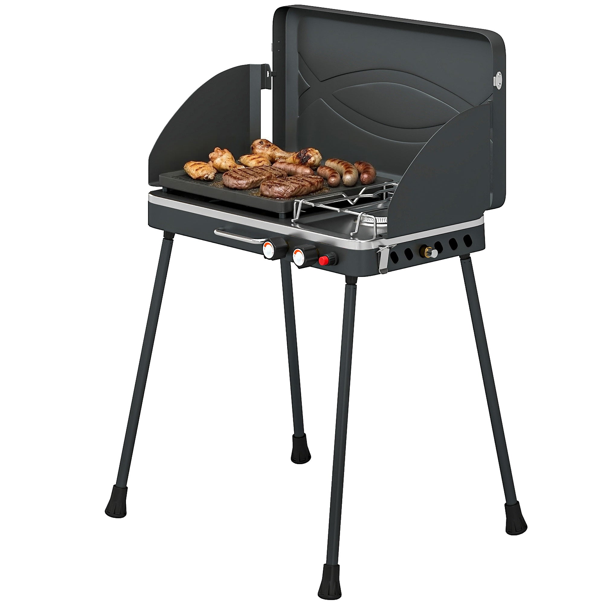 Portable 2-Burner Gas Grill — 2-in-1 Tabletop & Stand, 20,000 BTU, Folding Legs, Nonstick Griddle, Windshield & Lid Latch — Camping BBQ