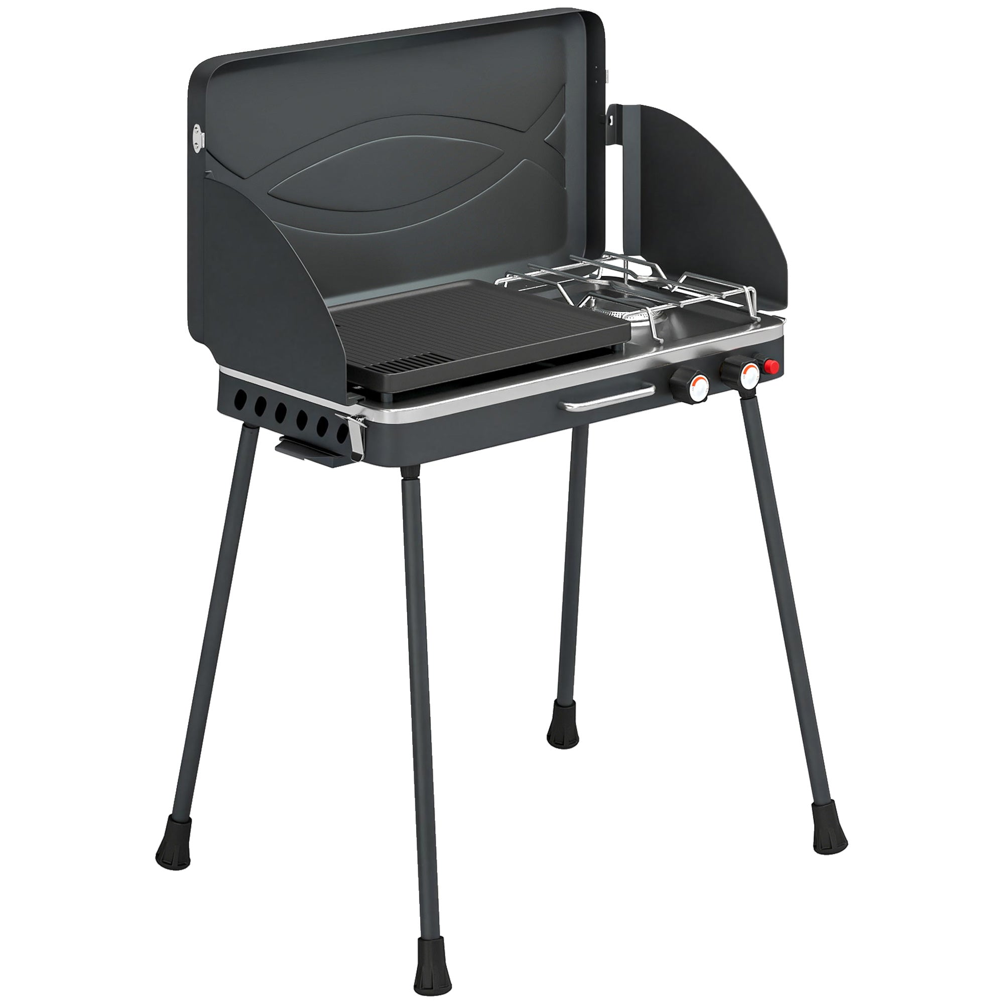 Portable 2-Burner Gas Grill — 2-in-1 Tabletop & Stand, 20,000 BTU, Folding Legs, Nonstick Griddle, Windshield & Lid Latch — Camping BBQ
