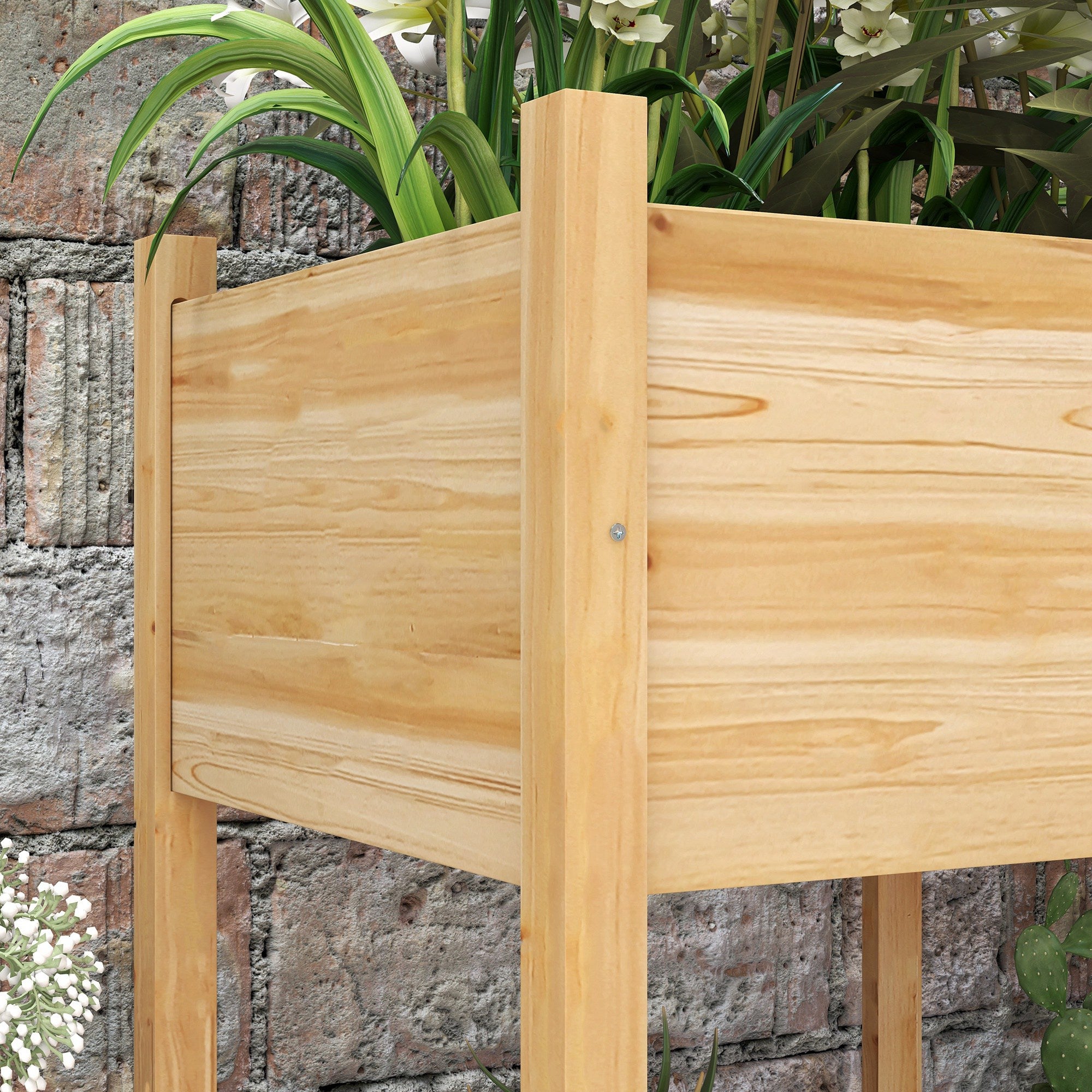 Raised Urban Garden Wooden Planting Table 115x55x80 cm Planter with Non-Woven Fabric for Growing Plants Flowers Vegetables Natural