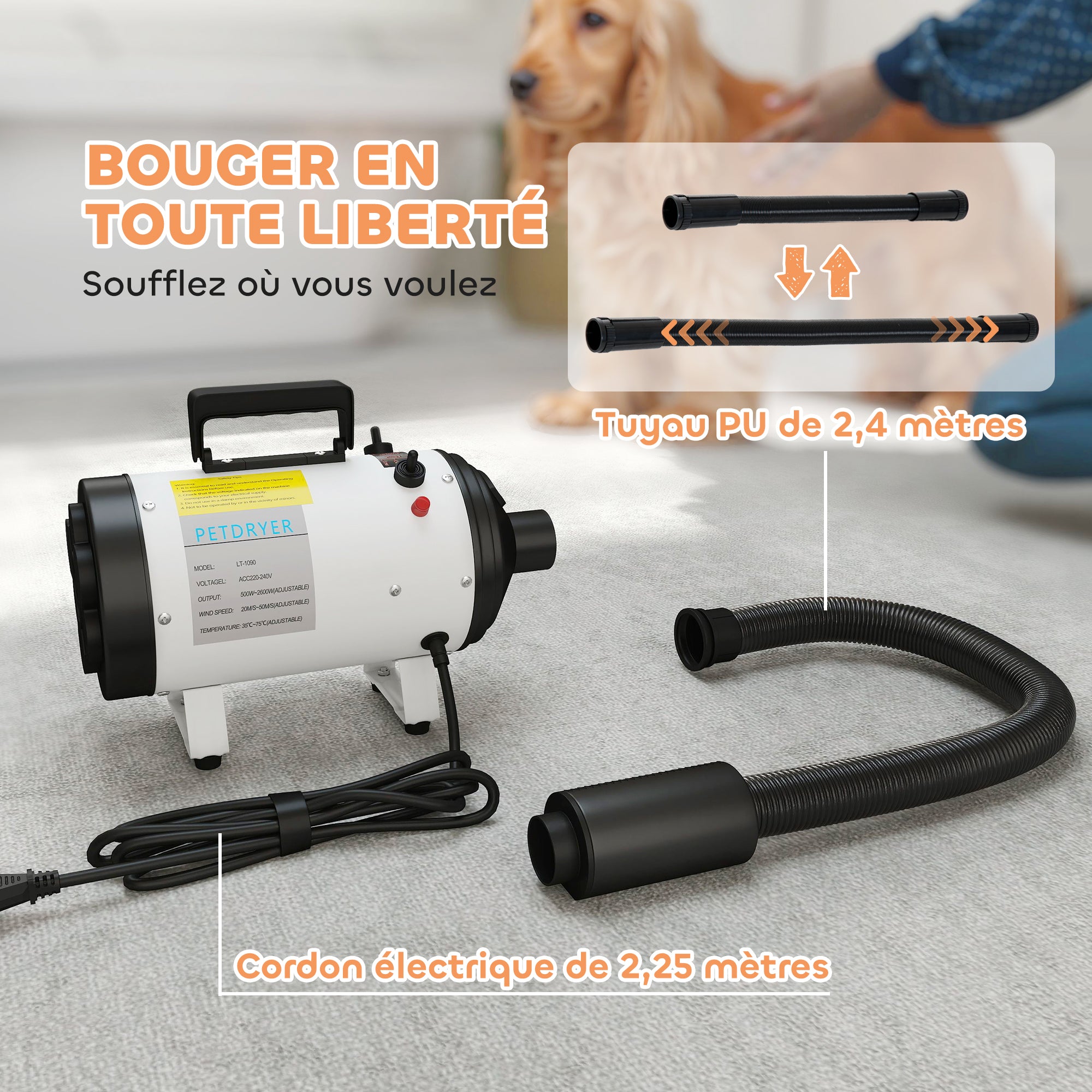 Dog Hair Dryer, Professional Dog Blower 2200W with 3 Different Nozzles, Low Noise Pet Hair Dryer, 3 Adjustable Temperatures, Variable Wind Speed, White