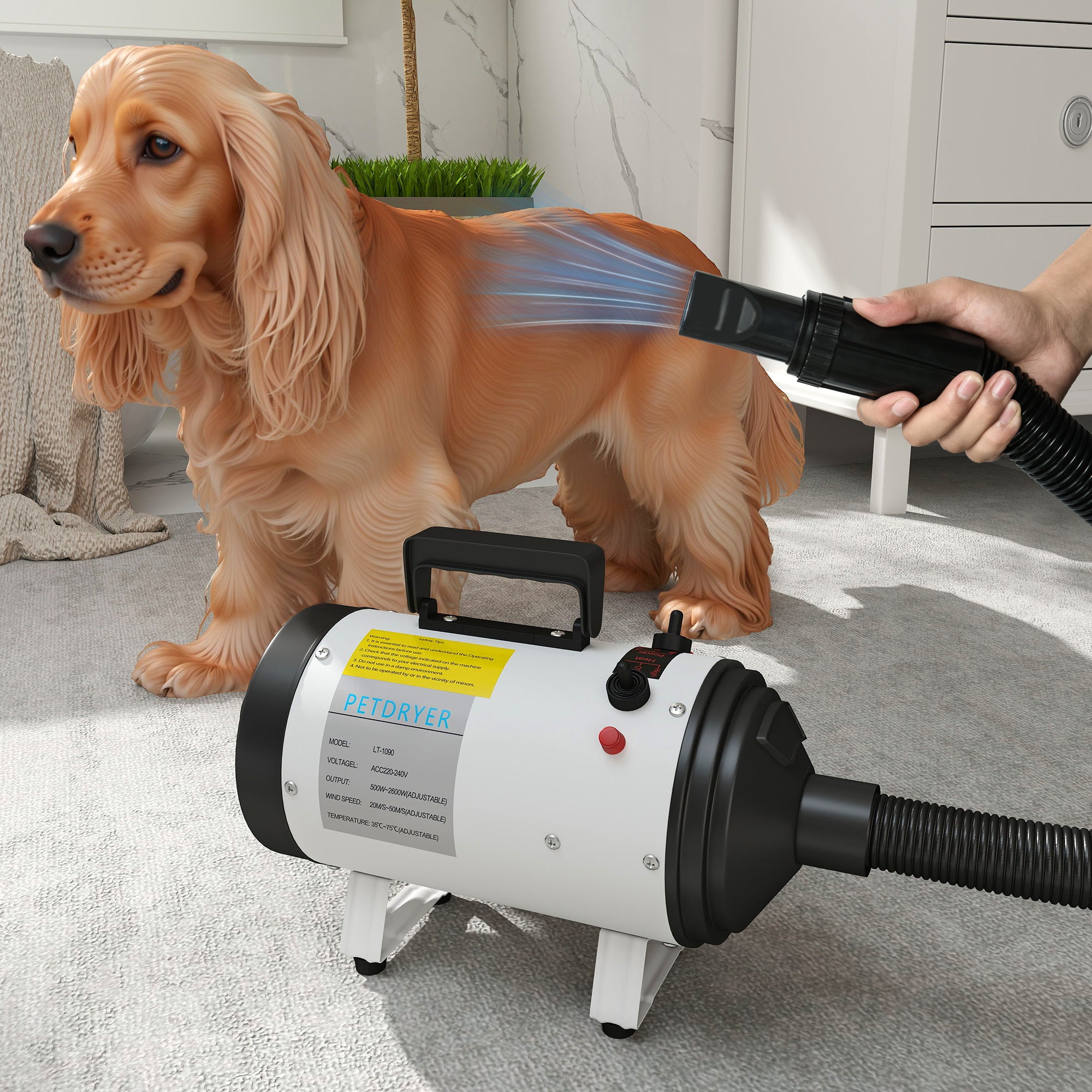 Dog Hair Dryer, Professional Dog Blower 2200W with 3 Different Nozzles, Low Noise Pet Hair Dryer, 3 Adjustable Temperatures, Variable Wind Speed, White