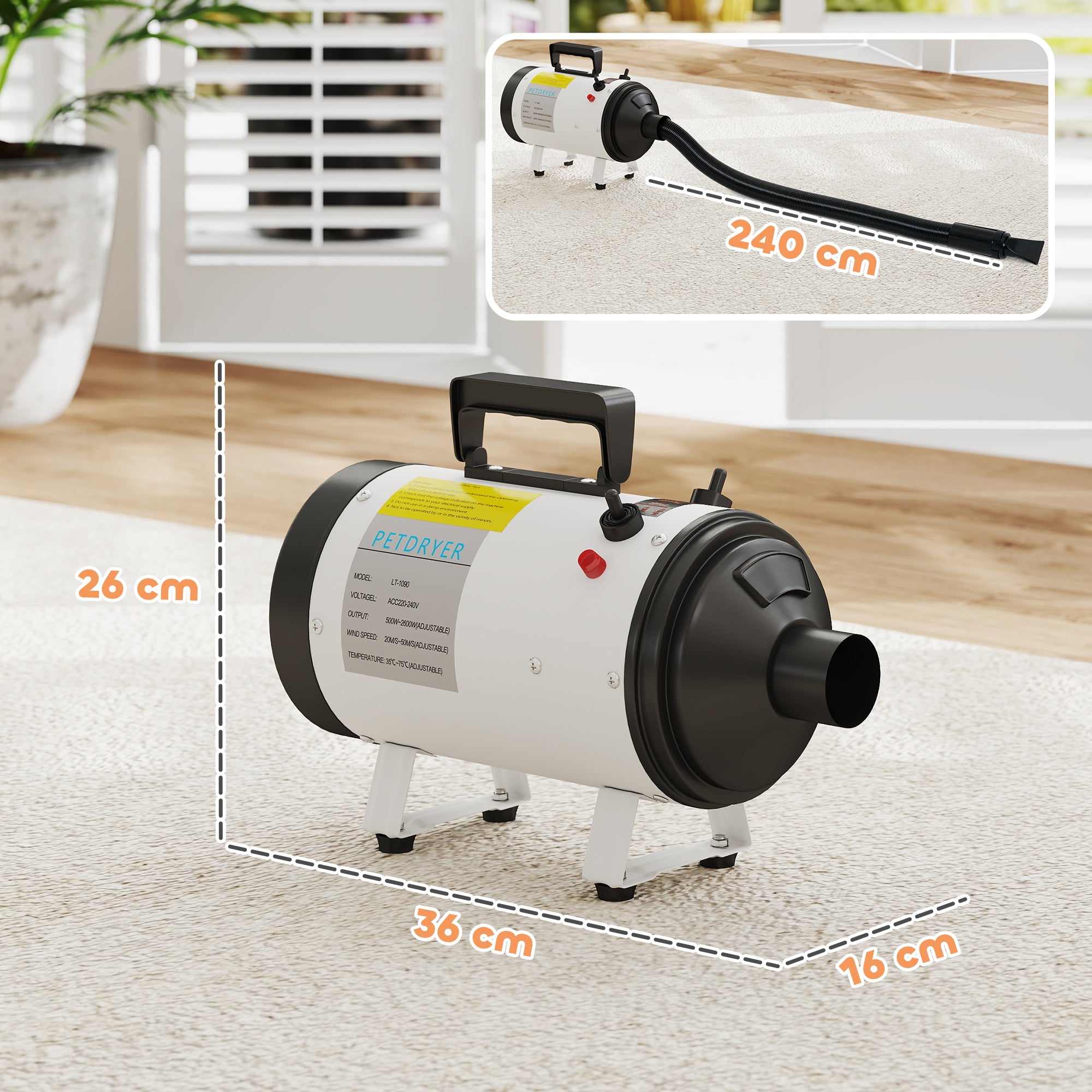 Dog Hair Dryer, Professional Dog Blower 2200W with 3 Different Nozzles, Low Noise Pet Hair Dryer, 3 Adjustable Temperatures, Variable Wind Speed, White