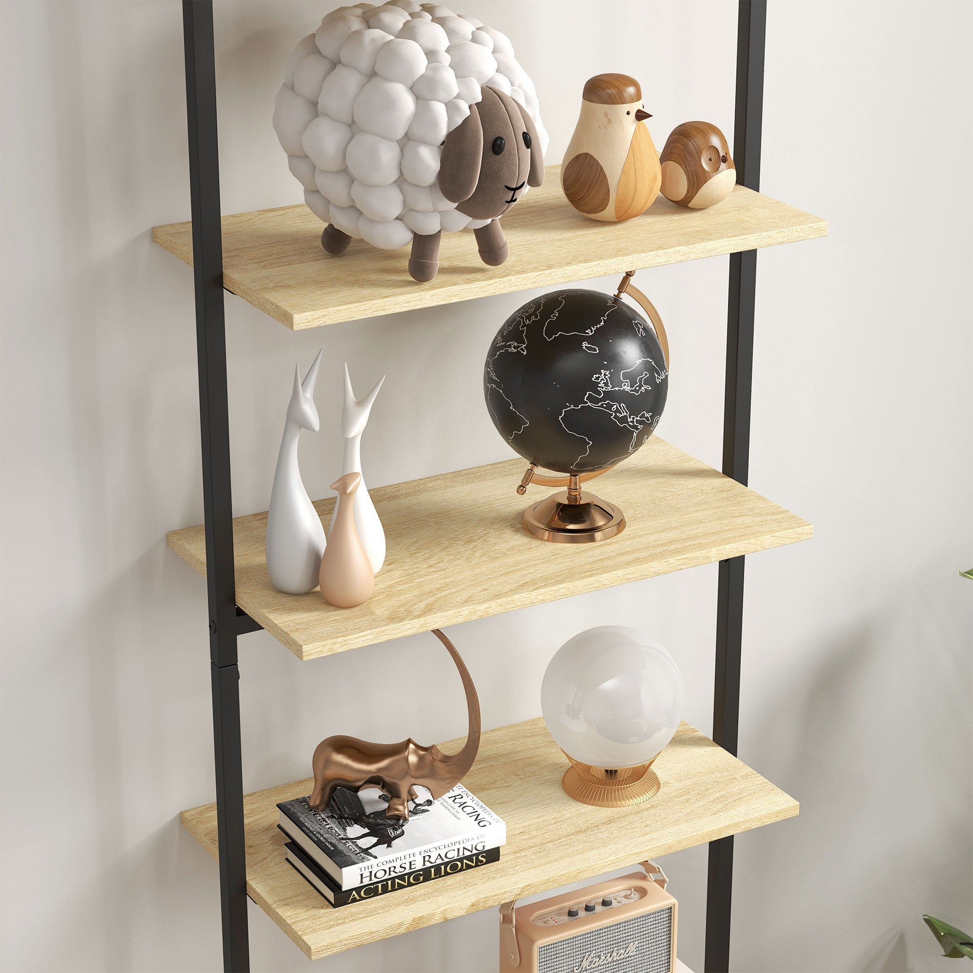 Wall Leaning Ladder Shelf Bookcase Industrial Storage Shelf 6 Shelves Black Steel Natural Wood Look - dim. 60L x 30W x 206H cm