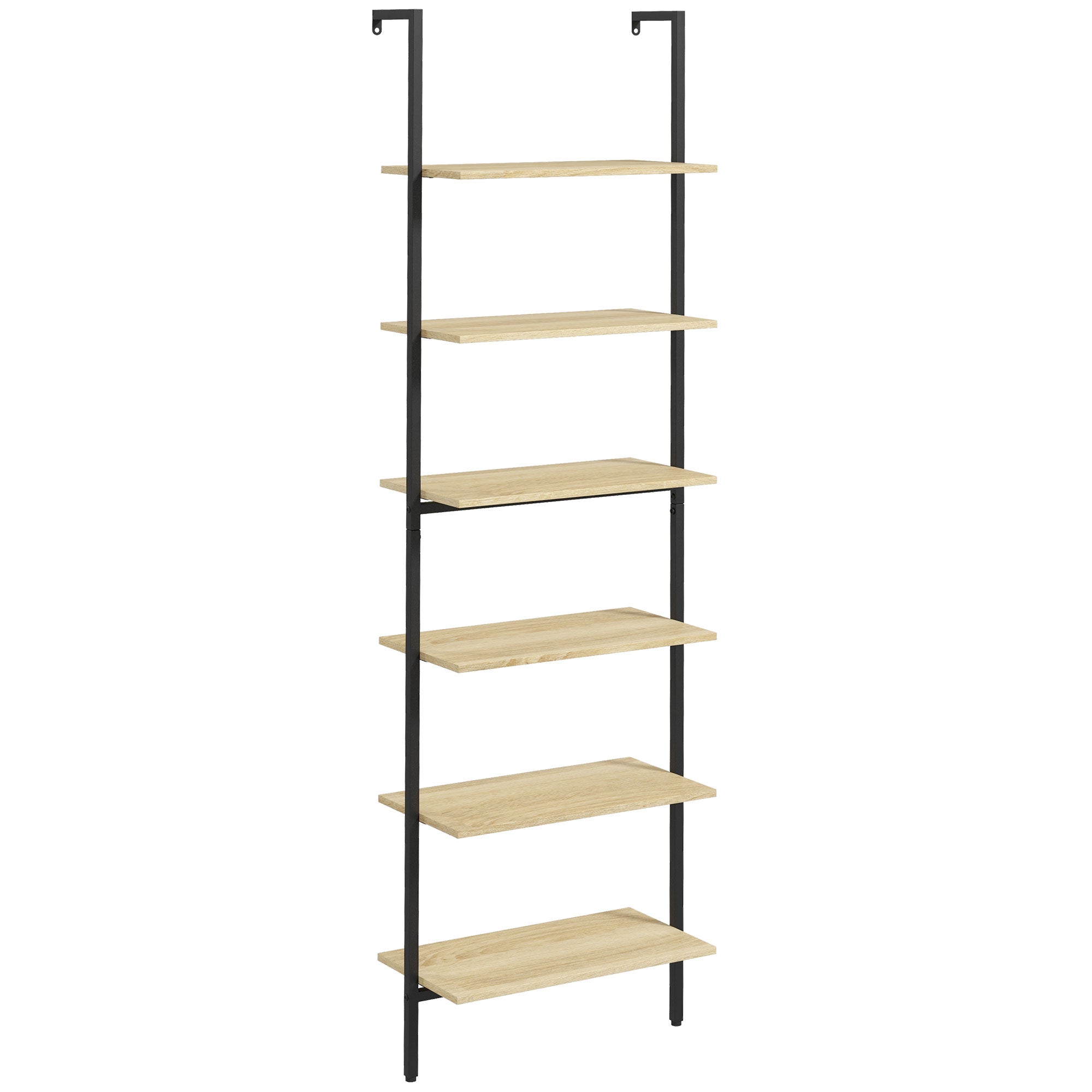 Wall Leaning Ladder Shelf Bookcase Industrial Storage Shelf 6 Shelves Black Steel Natural Wood Look - dim. 60L x 30W x 206H cm