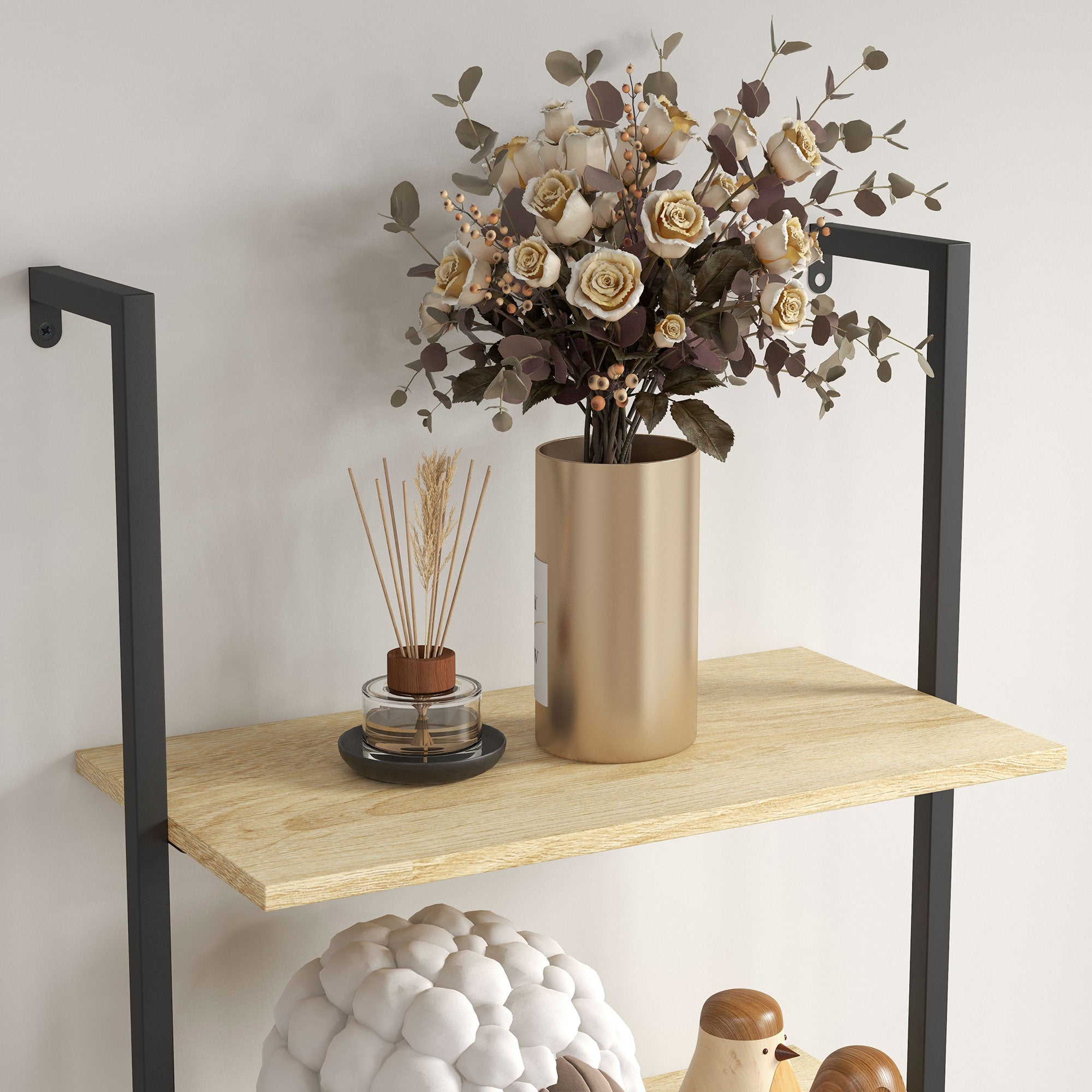 Wall Leaning Ladder Shelf Bookcase Industrial Storage Shelf 6 Shelves Black Steel Natural Wood Look - dim. 60L x 30W x 206H cm