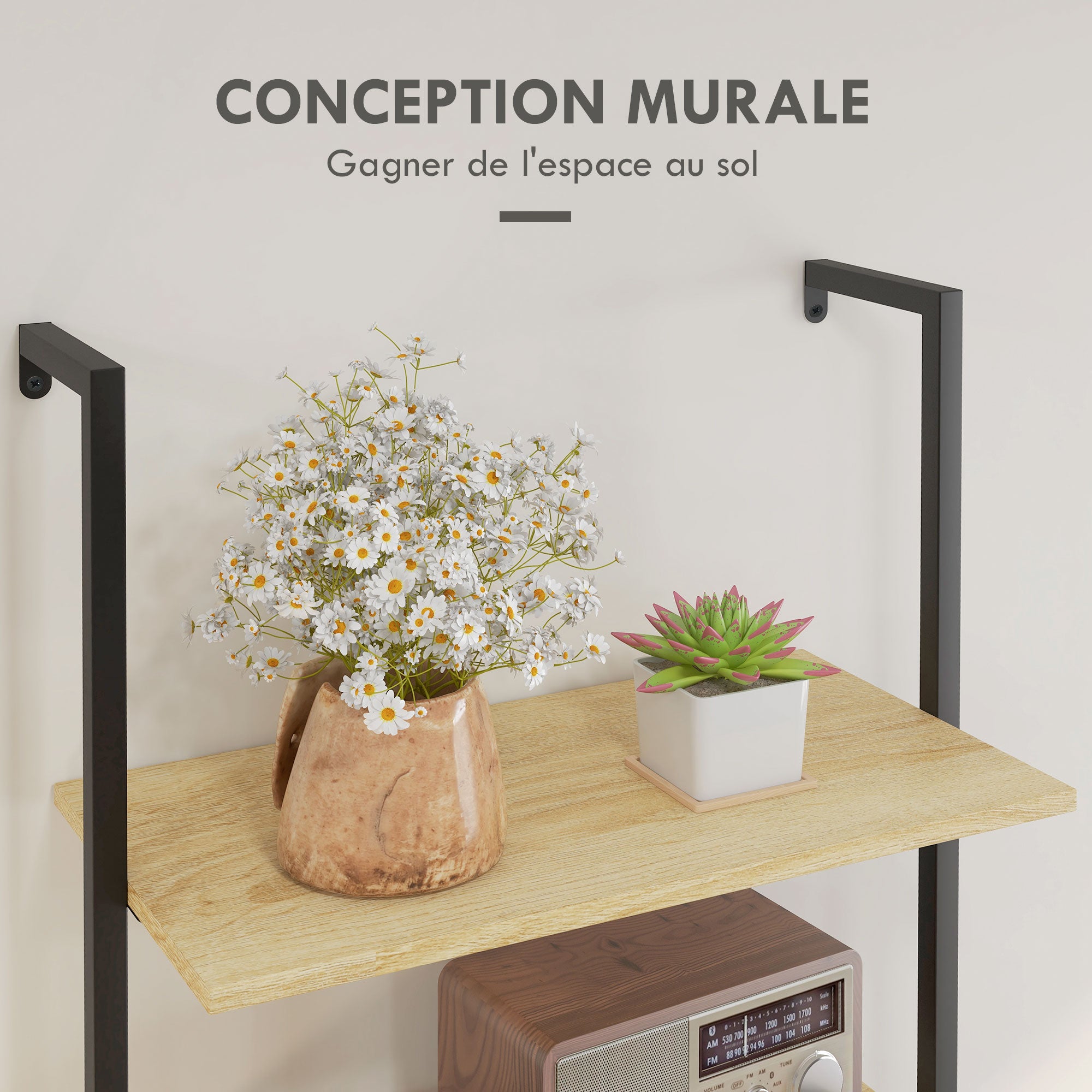 Wall Leaning Ladder Shelf Bookcase Industrial Storage Shelf 6 Shelves Black Steel Natural Wood Look - dim. 60L x 30W x 206H cm