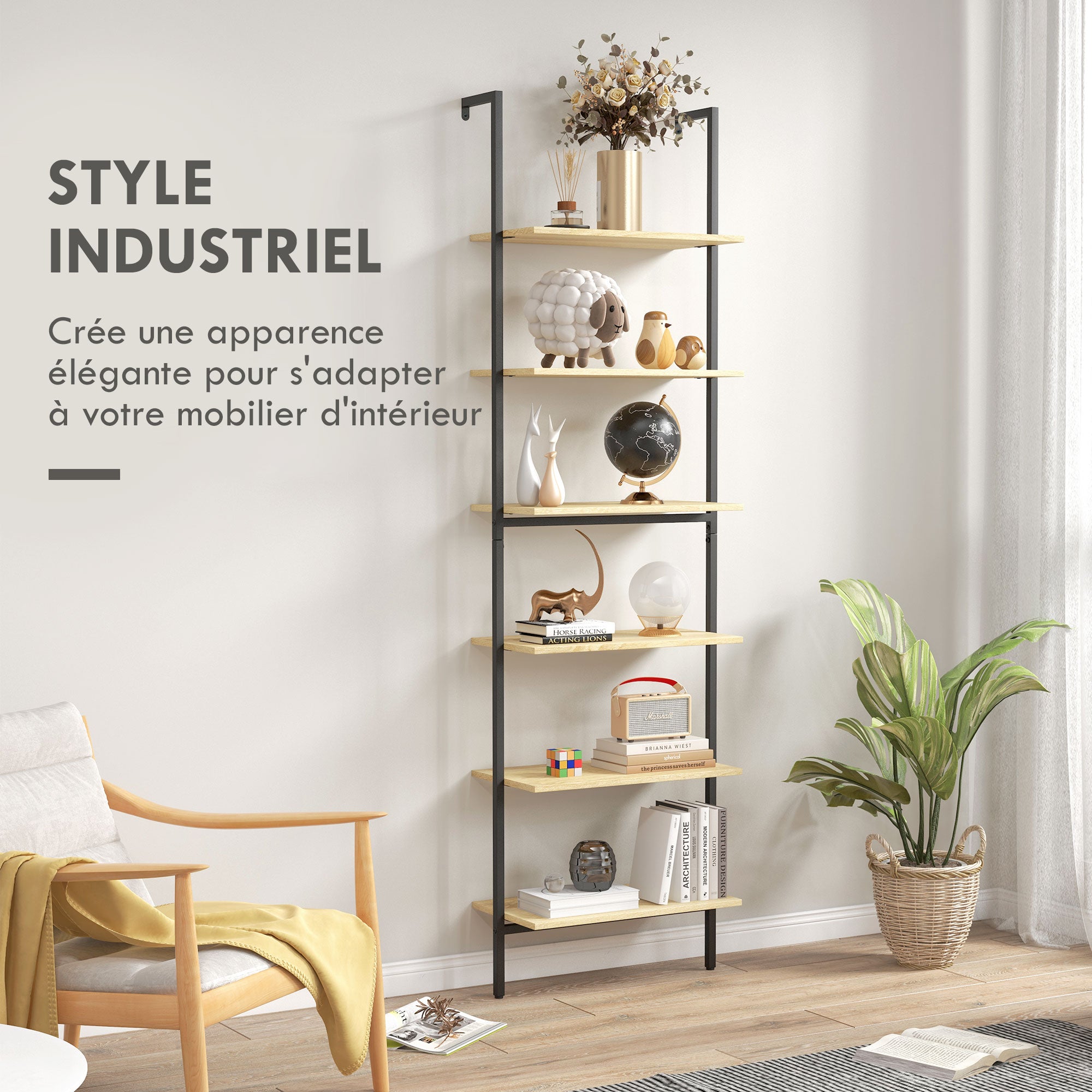 Wall Leaning Ladder Shelf Bookcase Industrial Storage Shelf 6 Shelves Black Steel Natural Wood Look - dim. 60L x 30W x 206H cm