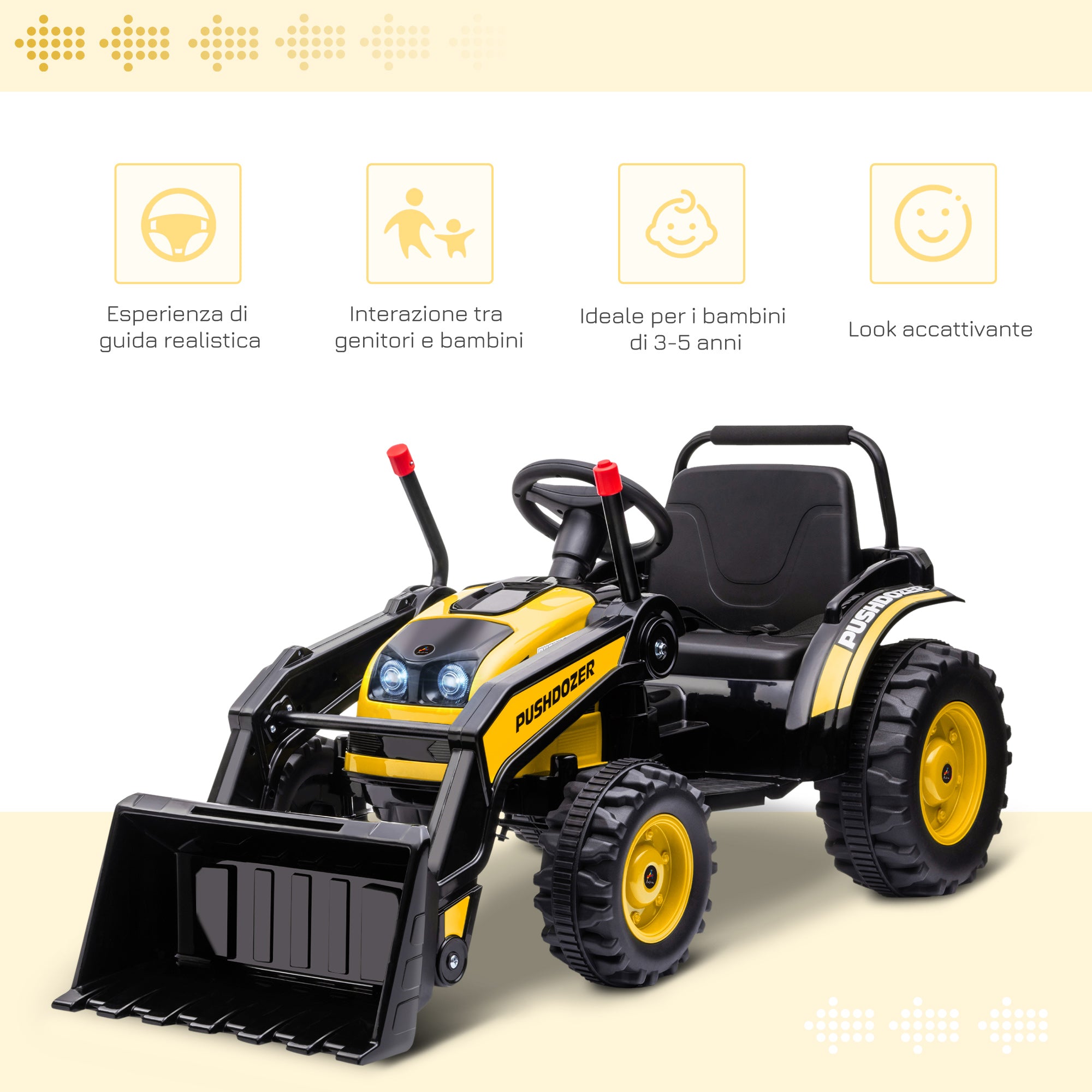 Ride-On Battery Powered Excavator for Kids 6V with Dual Motor, Speed 1.5-2.5 km/h, Toy Bulldozer for 3-5-Year-Olds with Sounds and Lights, 132x62x65 cm, Yellow