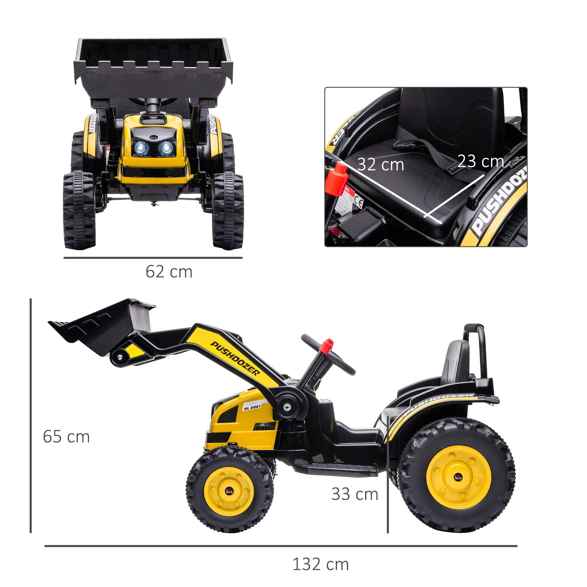 Ride-On Battery Powered Excavator for Kids 6V with Dual Motor, Speed 1.5-2.5 km/h, Toy Bulldozer for 3-5-Year-Olds with Sounds and Lights, 132x62x65 cm, Yellow