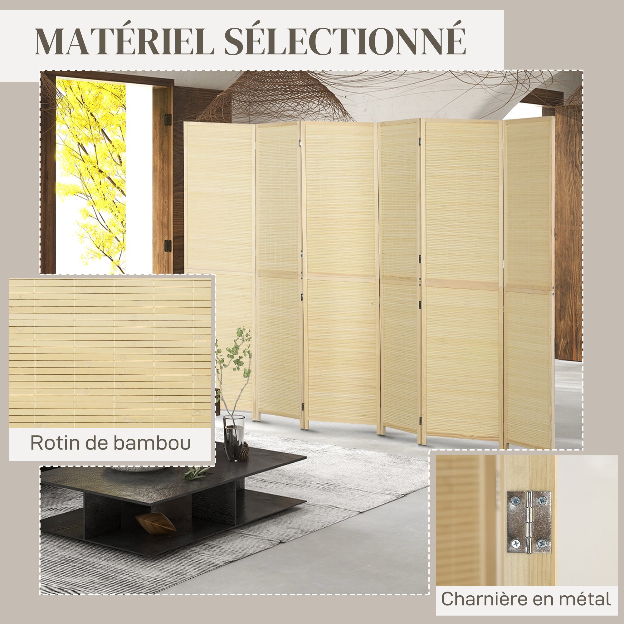 Bamboo Indoor Room Divider 6 Panels 106.3 x 70.9 inches Folding Room Separator - Natural