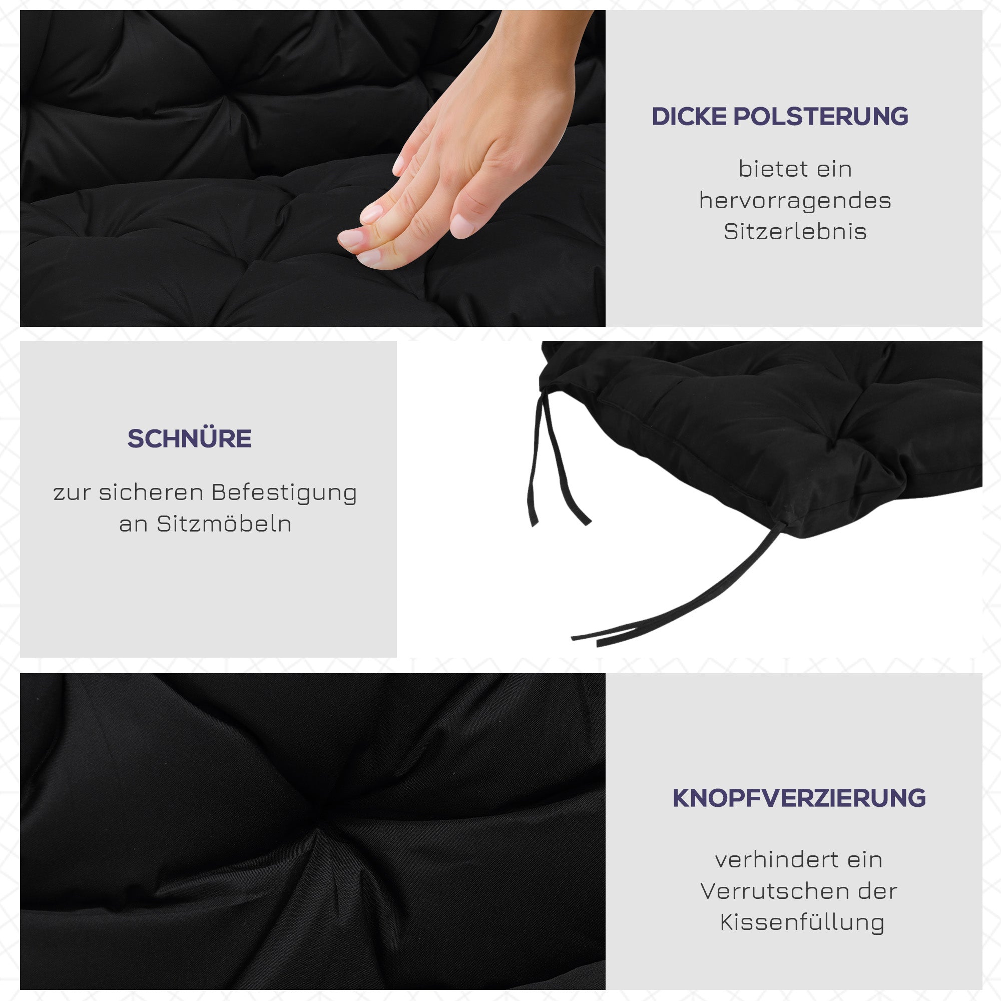 2 Seater Bench Cushion 100 x 98 x 8 cm Seat Cushion with Straps Back Cushion for Indoor/Outdoor Padding Cushion for Bench Garden Bench Garden Furniture Swing Seats Black