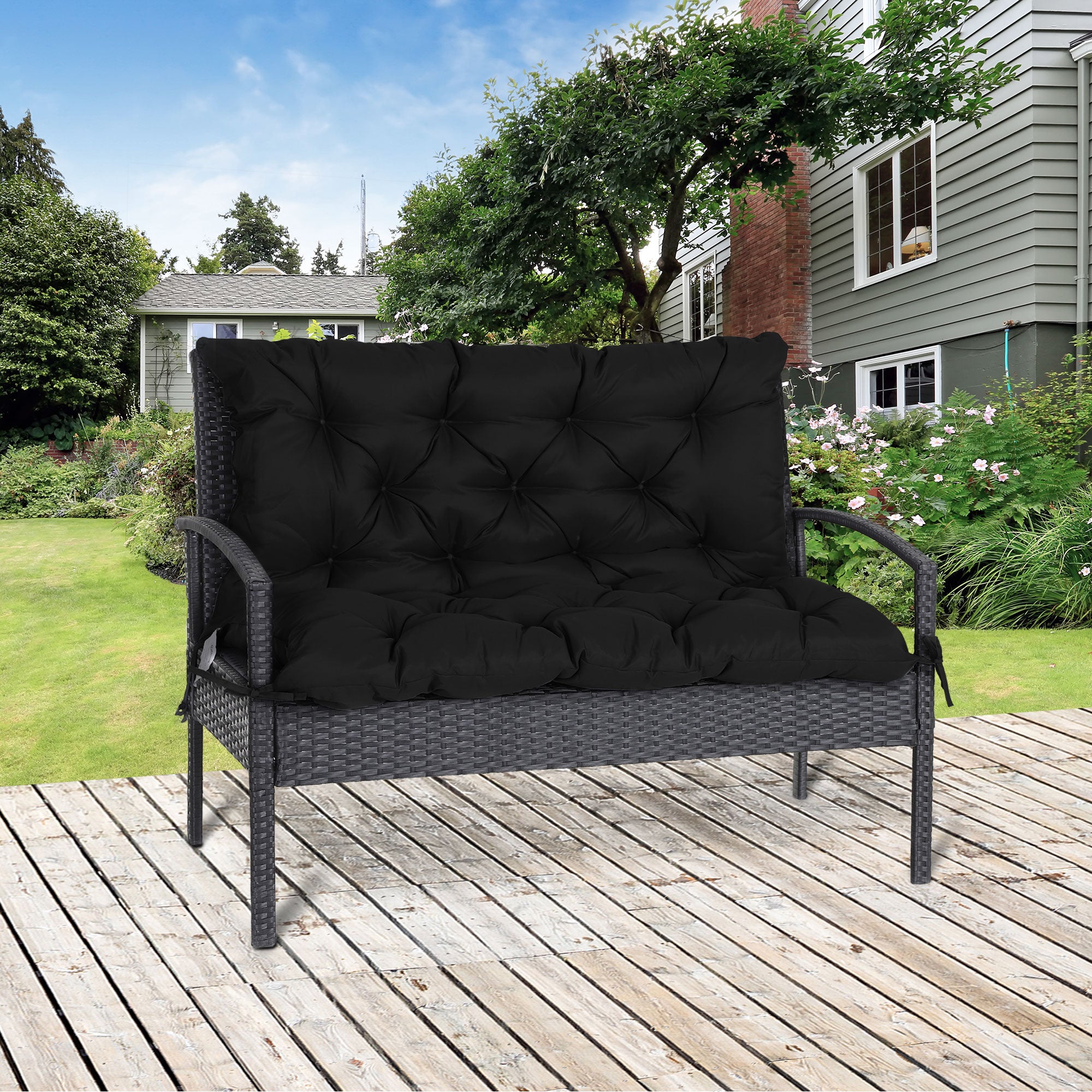 2 Seater Bench Cushion 100 x 98 x 8 cm Seat Cushion with Straps Back Cushion for Indoor/Outdoor Padding Cushion for Bench Garden Bench Garden Furniture Swing Seats Black