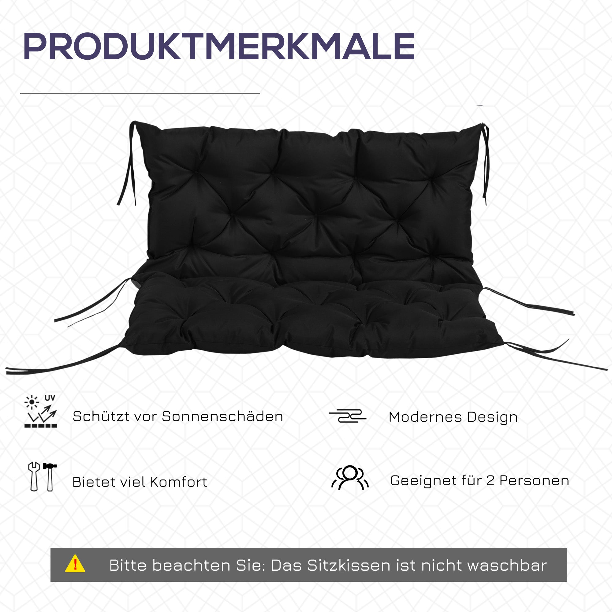 2 Seater Bench Cushion 100 x 98 x 8 cm Seat Cushion with Straps Back Cushion for Indoor/Outdoor Padding Cushion for Bench Garden Bench Garden Furniture Swing Seats Black