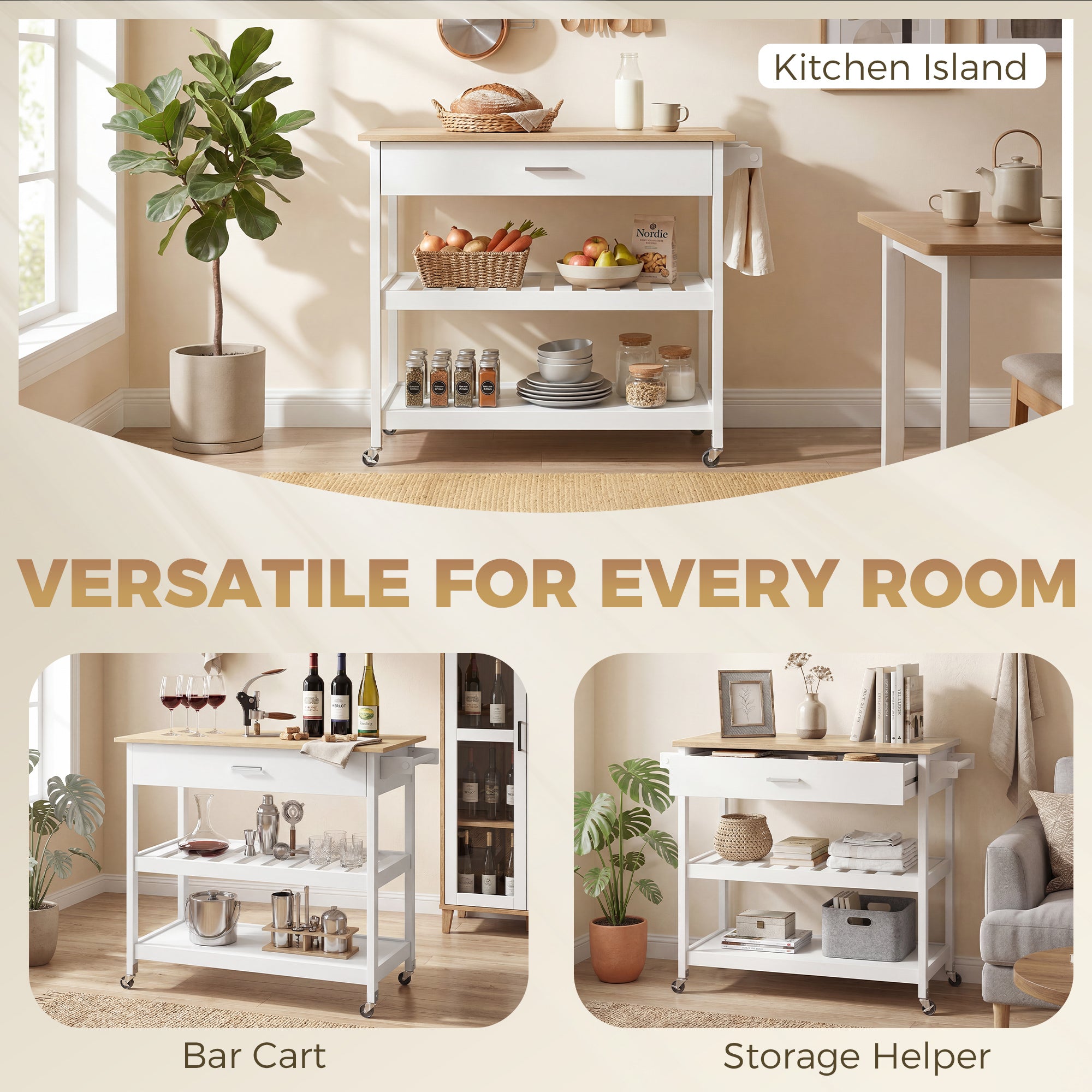 3-Tier Serving Cart with Large Worktop, Drawer & 2 Open Shelves, Towel Rack, Rolling Kitchen Trolley, White — 108.8 x 51 x 92.5 cm (42.8 x 20.1 x 36.4 in)