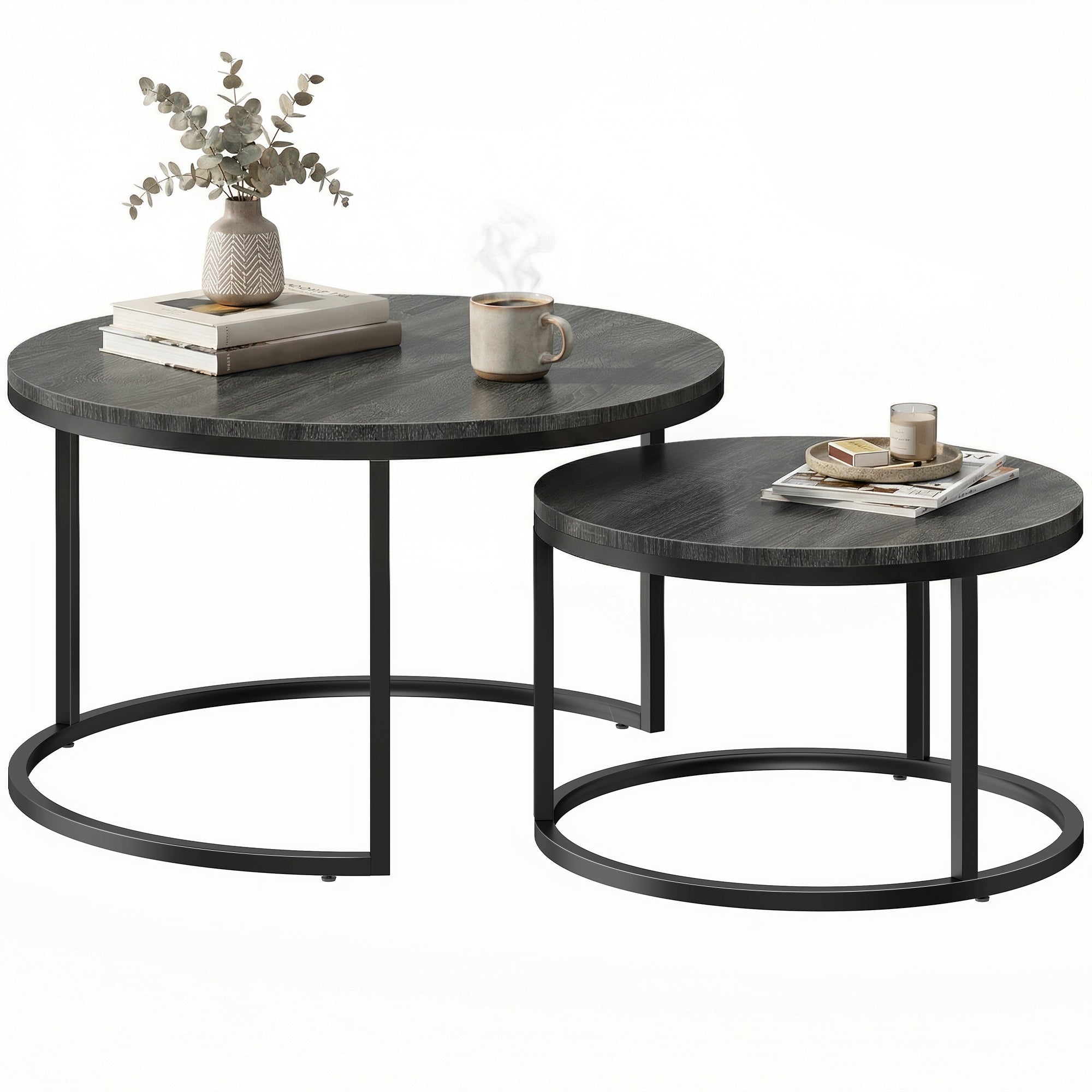 2-Piece Round Nesting Coffee Table Set with Metal Frame, Wood-Effect Tops, Black — 31.0 x 31.0 x 18.3 in