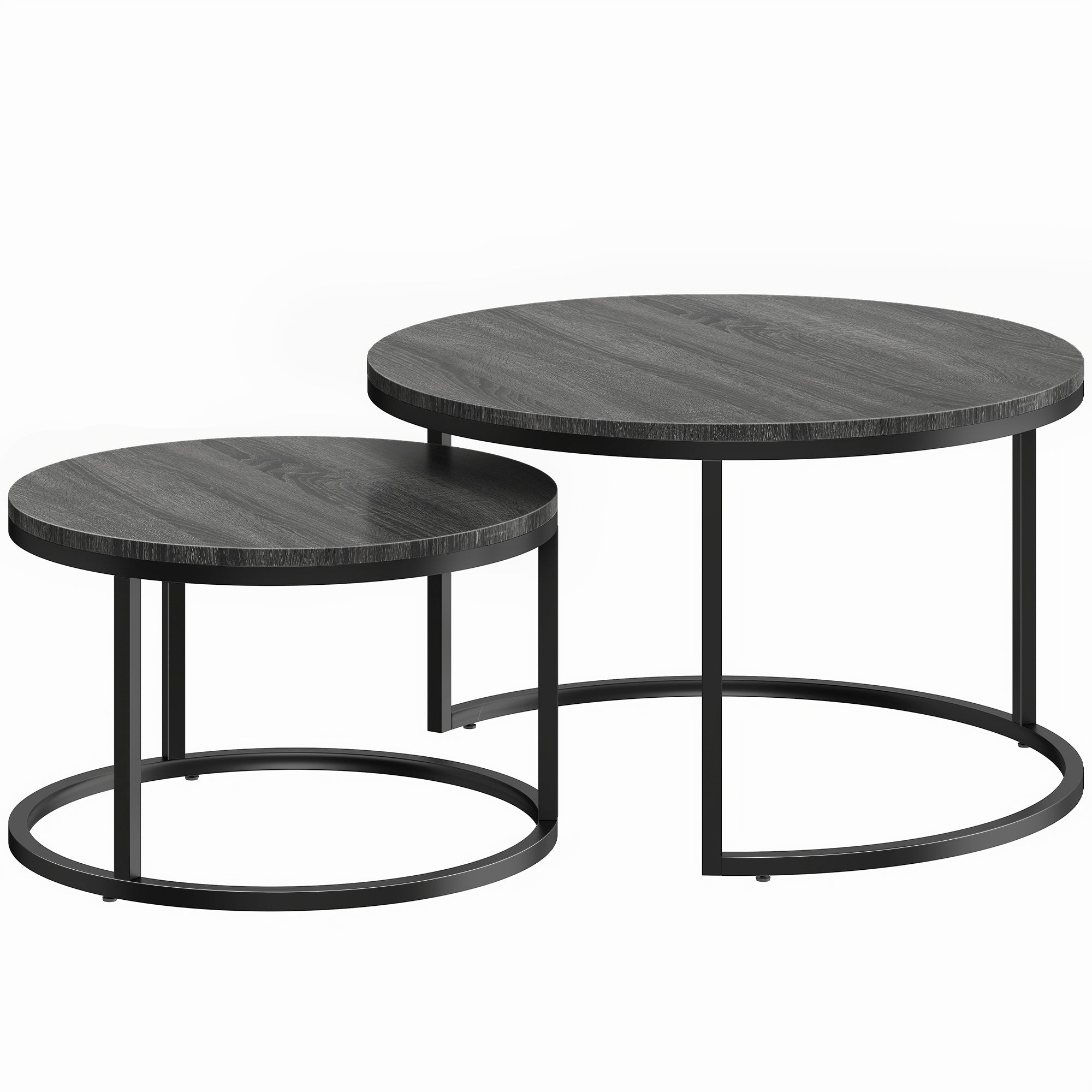 2-Piece Round Nesting Coffee Table Set with Metal Frame, Wood-Effect Tops, Black — 31.0 x 31.0 x 18.3 in