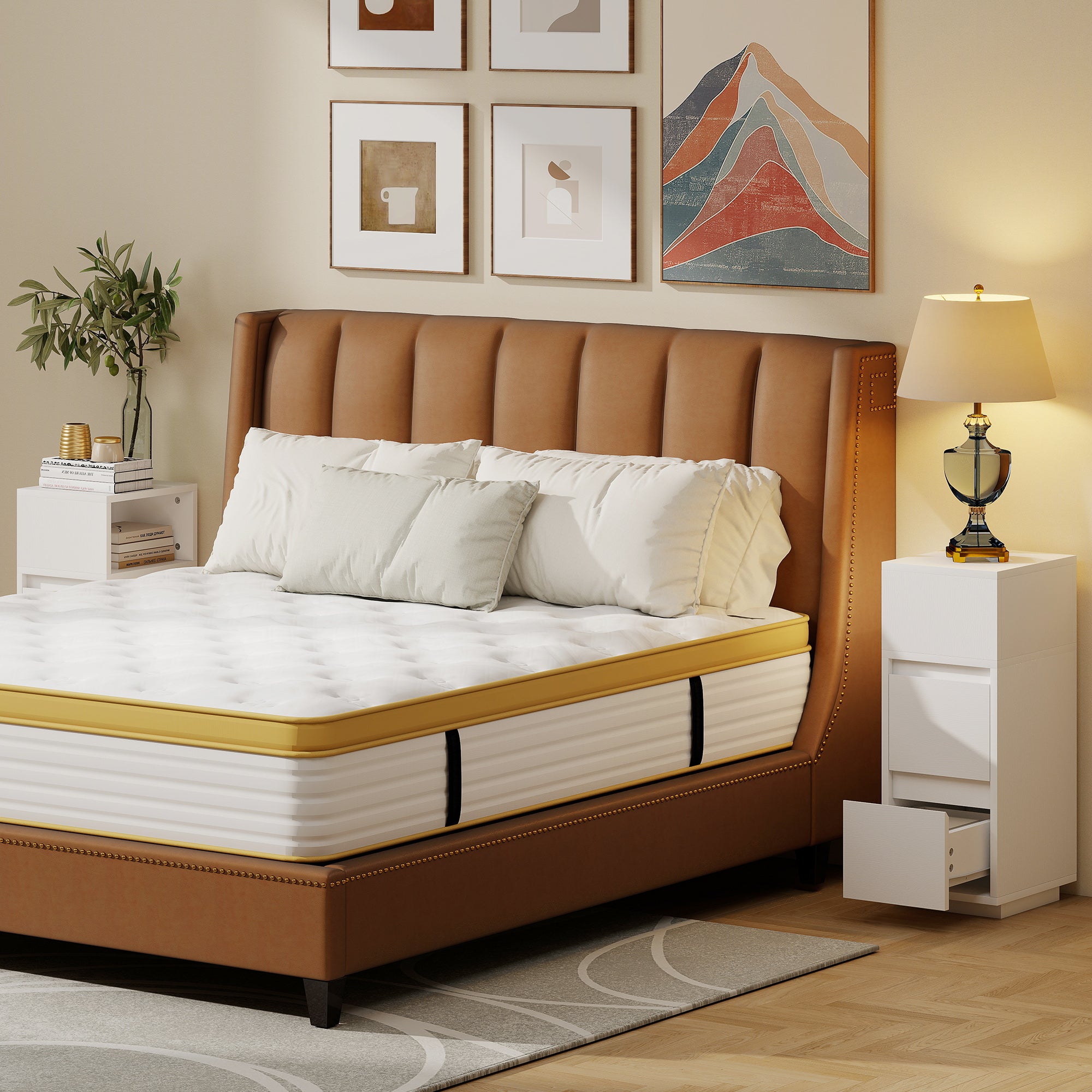 Set of 2 Slim Tall Nightstands with 2 Drawers & Open Shelf — Space-Saving Modern Bedside Tables for Bedroom & Living Room, 9.8x11.8x25.6 in, White