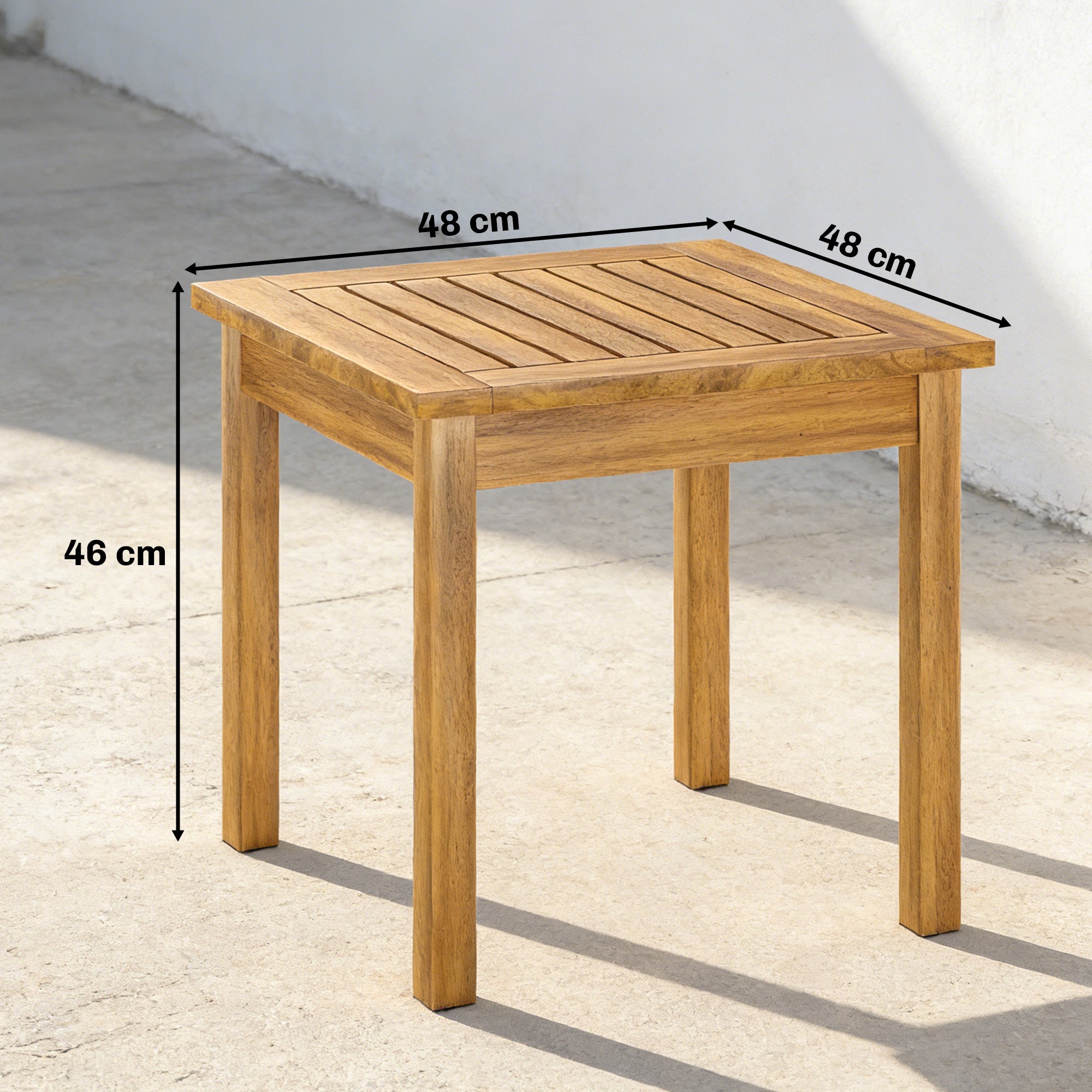 Square Side Table 48 x 48 x 46 cm (19 x 19 x 18.1 in), Weatherproof Acacia Wood Garden Table with Slatted Top and Adjustable Feet, Holds 30 kg (66 lb)
