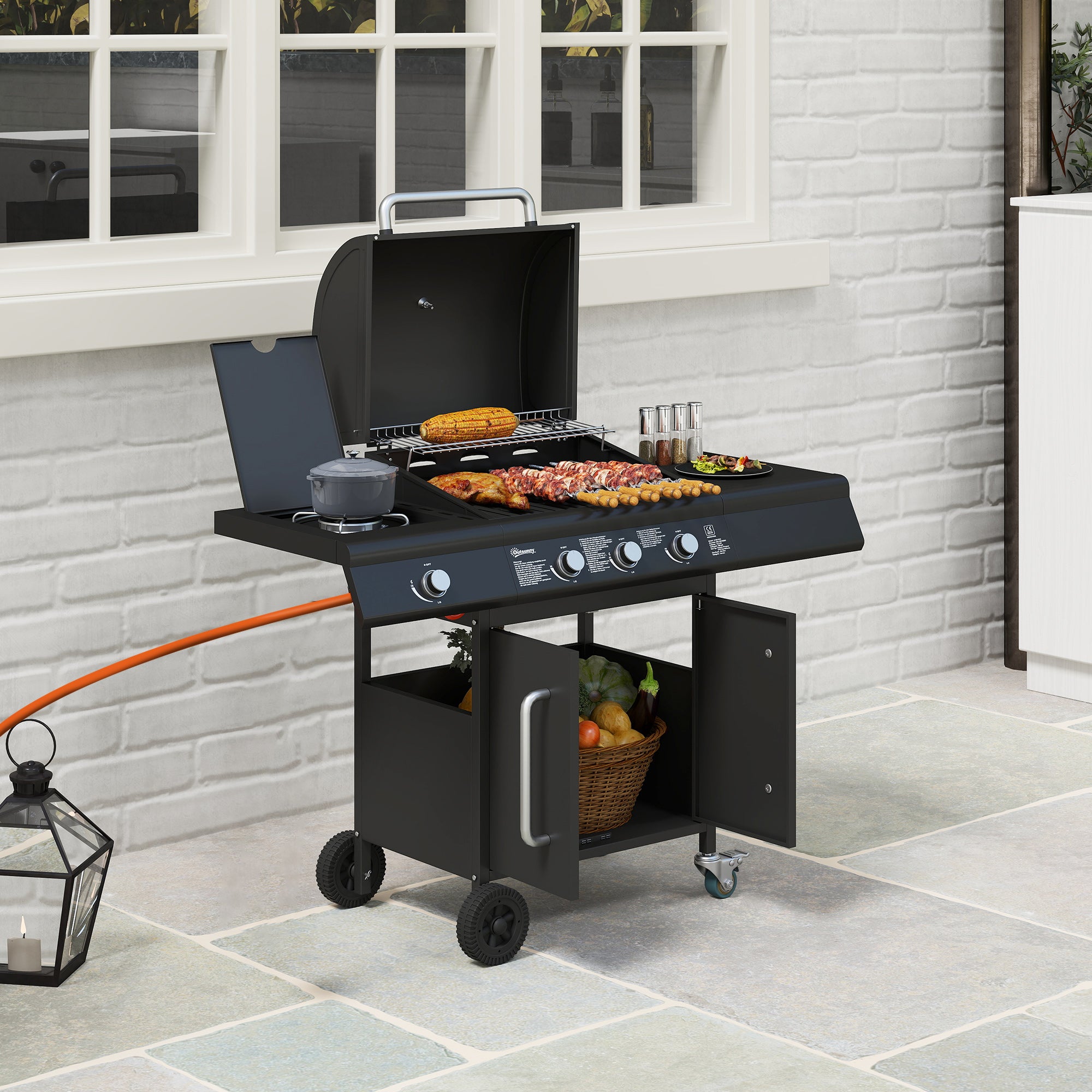 12.2 kW (≈41,600 BTU) 3+1-Burner Gas BBQ Cart, Stainless Steel with Wheels, Side Burner, Thermometer, Warming Rack, Side Shelf — 118.5 x 56 x 110 cm (46.7 x 22.0 x 43.3 in)