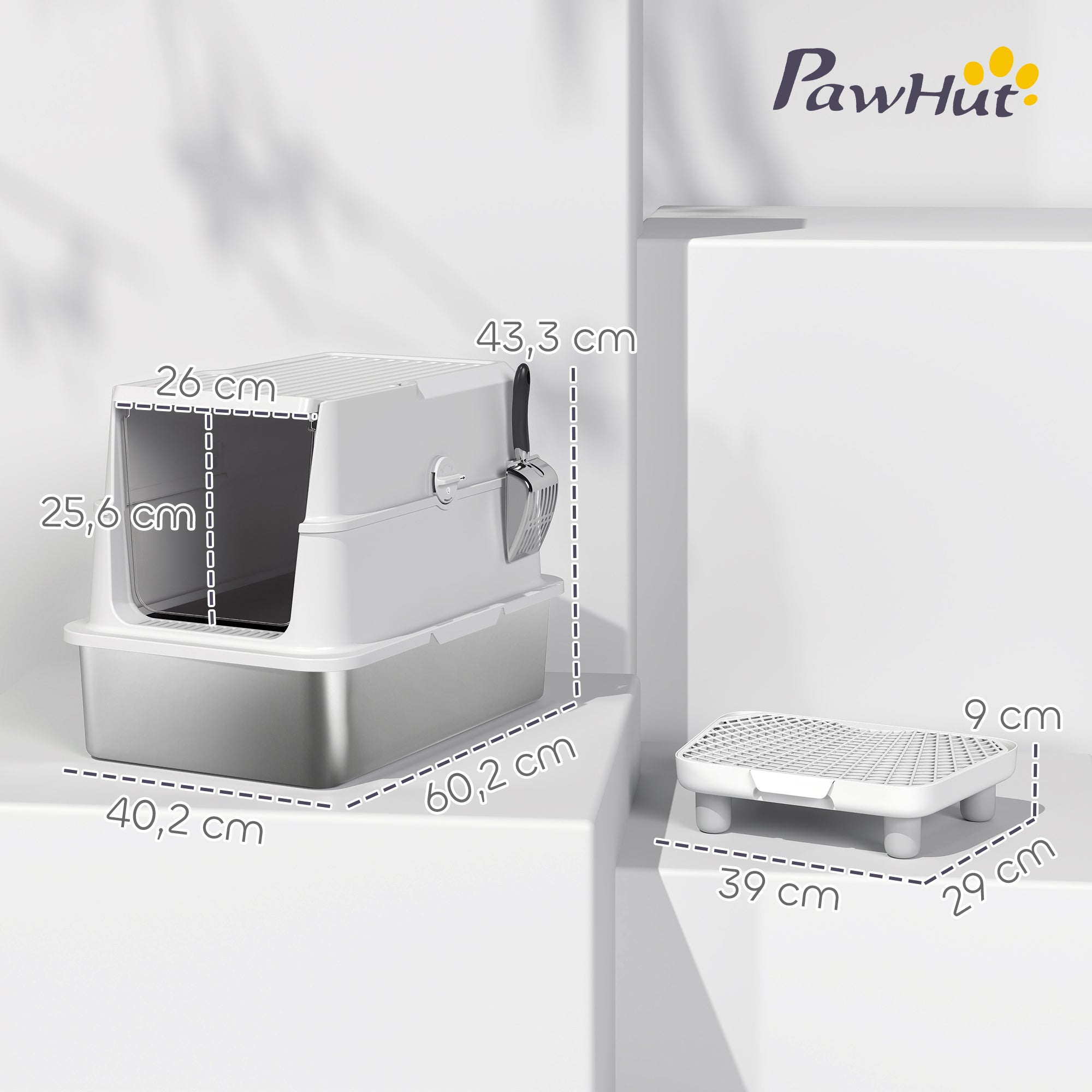 XL Stainless Steel Covered Cat Litter Box with Scoop & Deodorizer — Light Gray