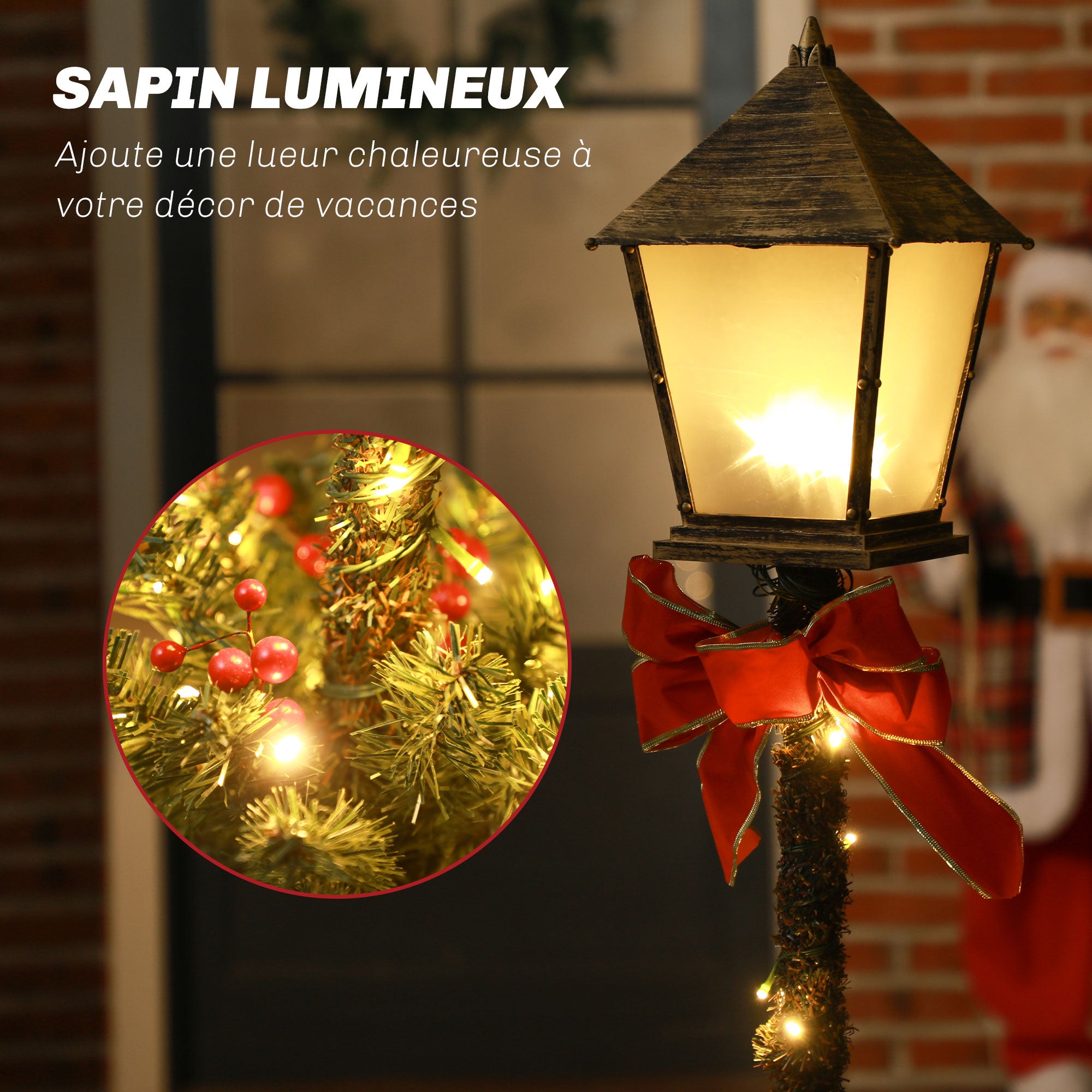 1.25m LED Christmas Lamp Post with Red Berries and Bow Ornament Decoration for Indoor and Outdoor, Green