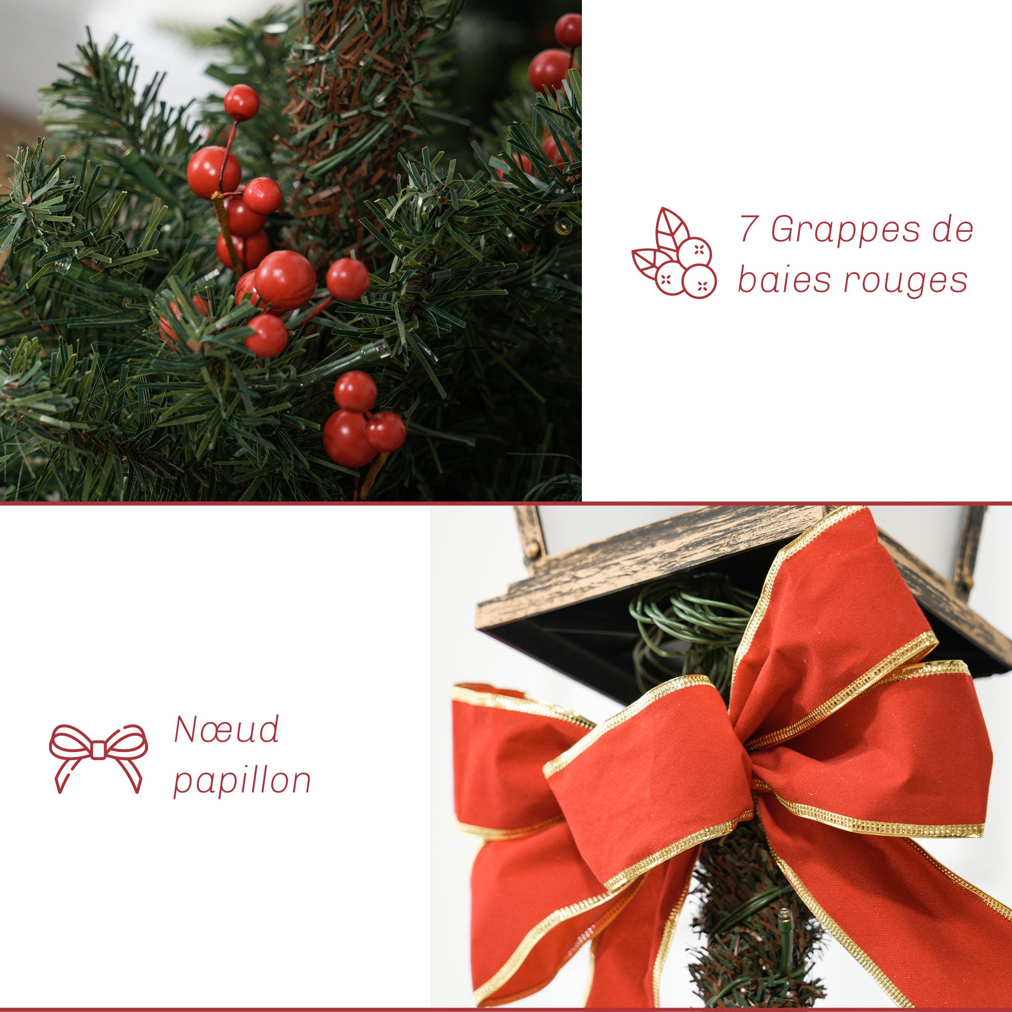 1.25m LED Christmas Lamp Post with Red Berries and Bow Ornament Decoration for Indoor and Outdoor, Green