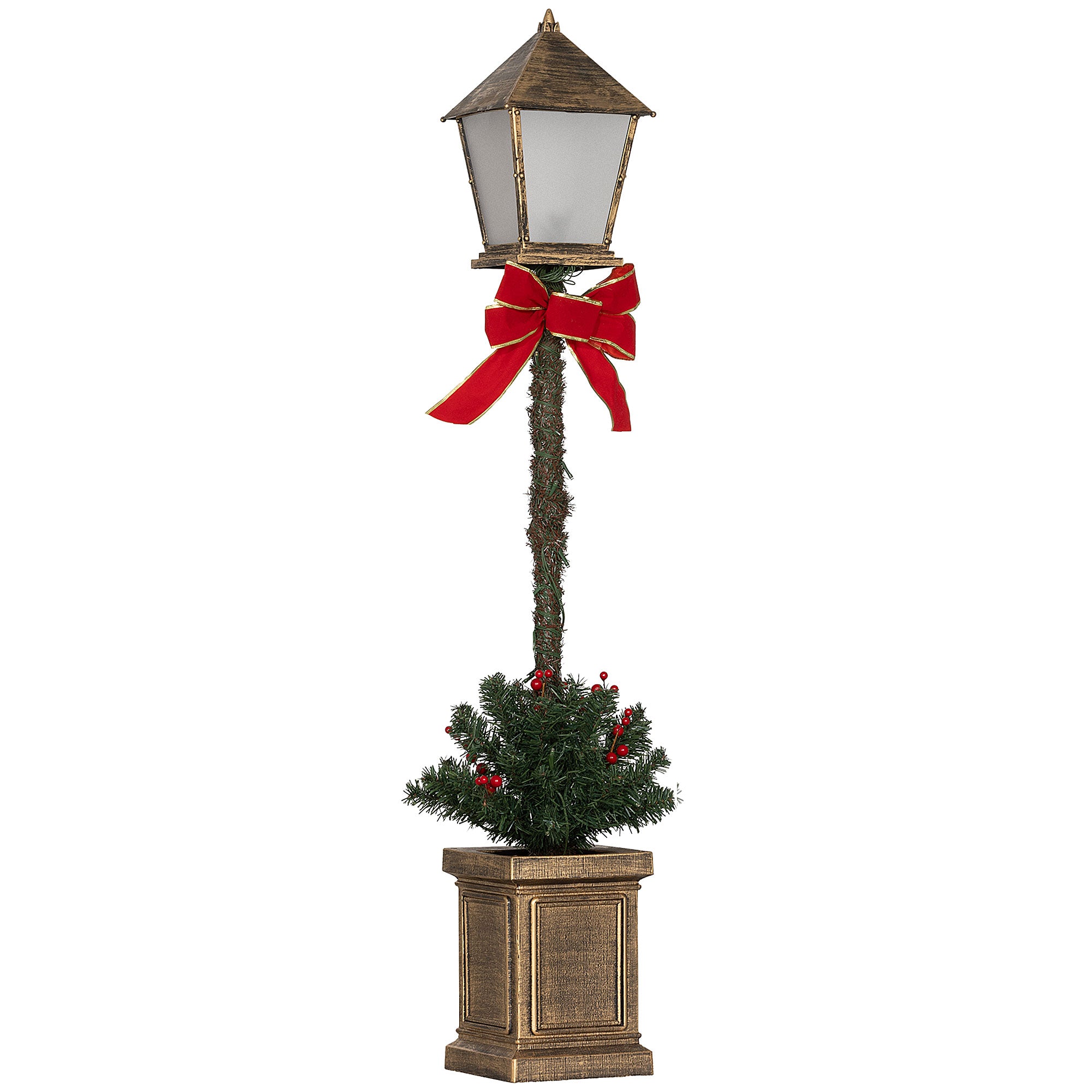 1.25m LED Christmas Lamp Post with Red Berries and Bow Ornament Decoration for Indoor and Outdoor, Green