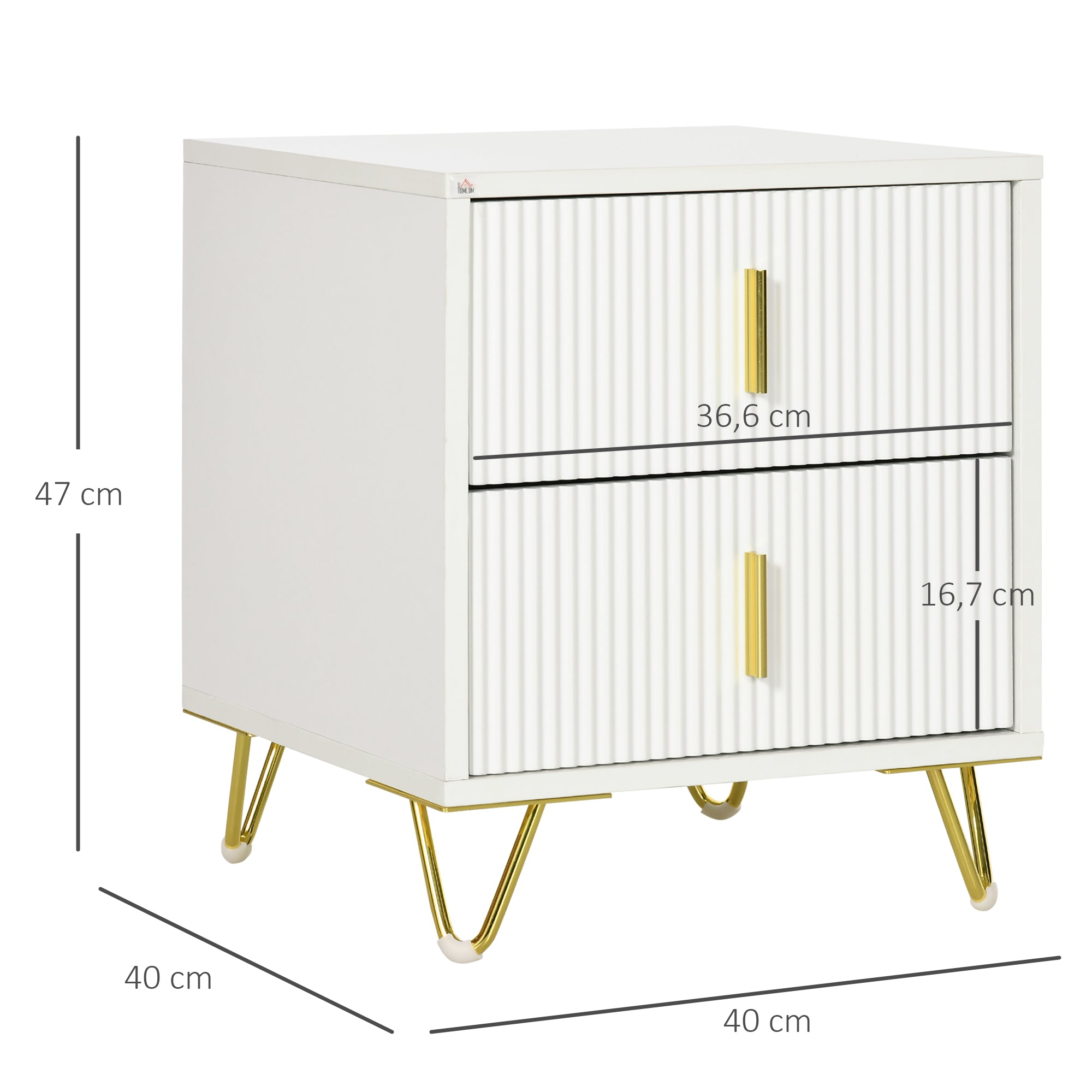 Nightstand with 2 Drawers Bedside Table Side Table with Metal Legs for Living Room Bedroom 40 kg Load Capacity 40x40x47 cm White