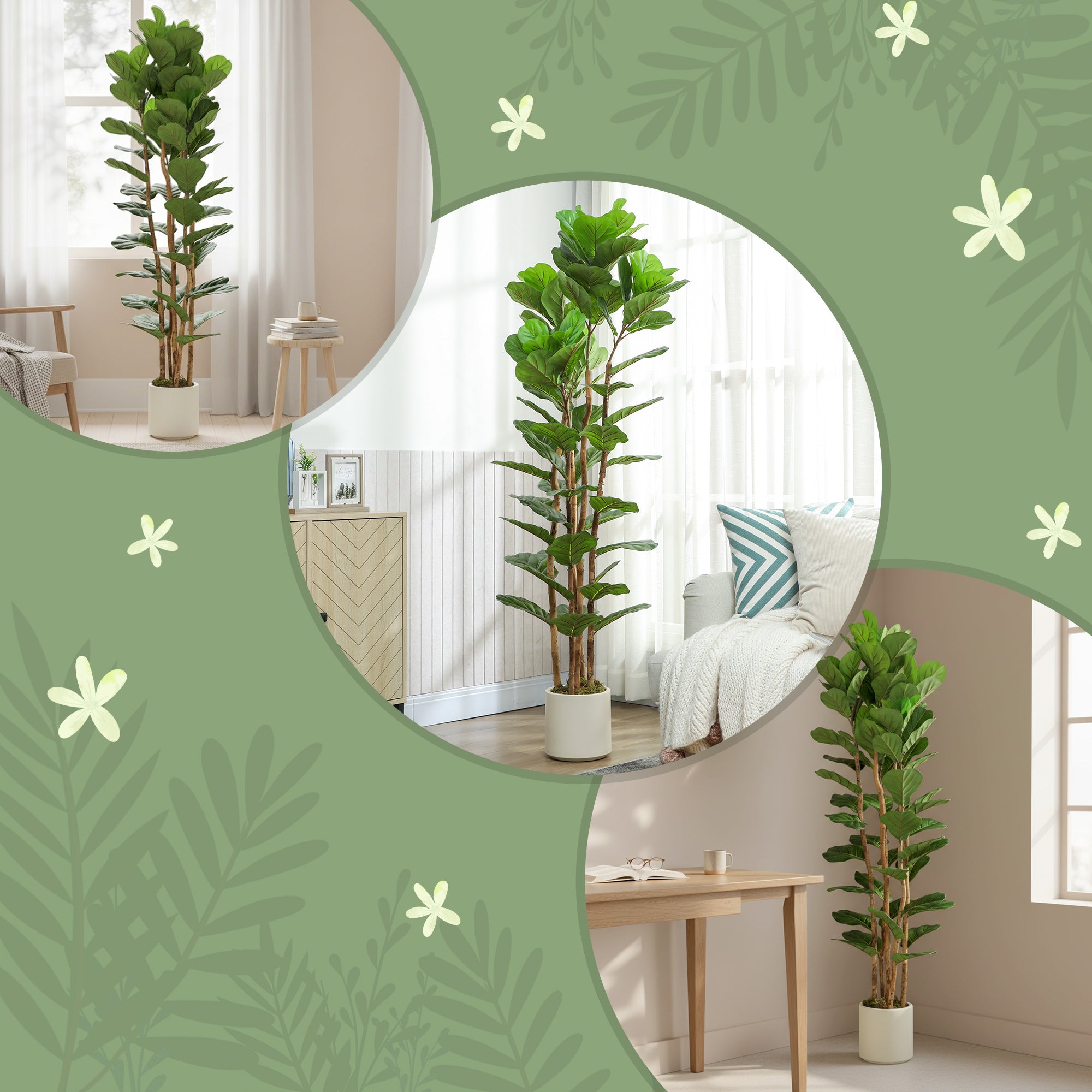 Artificial Fiddle Leaf Fig Tree, 180 cm (71 in), 91 Leaves, Solid Wood Trunk, Potted Realistic Plastic Plant for Living Room, Bedroom, Office, Garden Décor