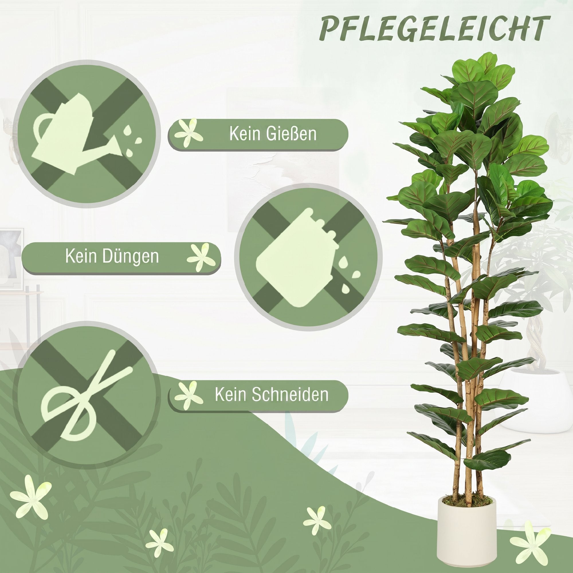 Artificial Fiddle Leaf Fig Tree, 180 cm (71 in), 91 Leaves, Solid Wood Trunk, Potted Realistic Plastic Plant for Living Room, Bedroom, Office, Garden Décor