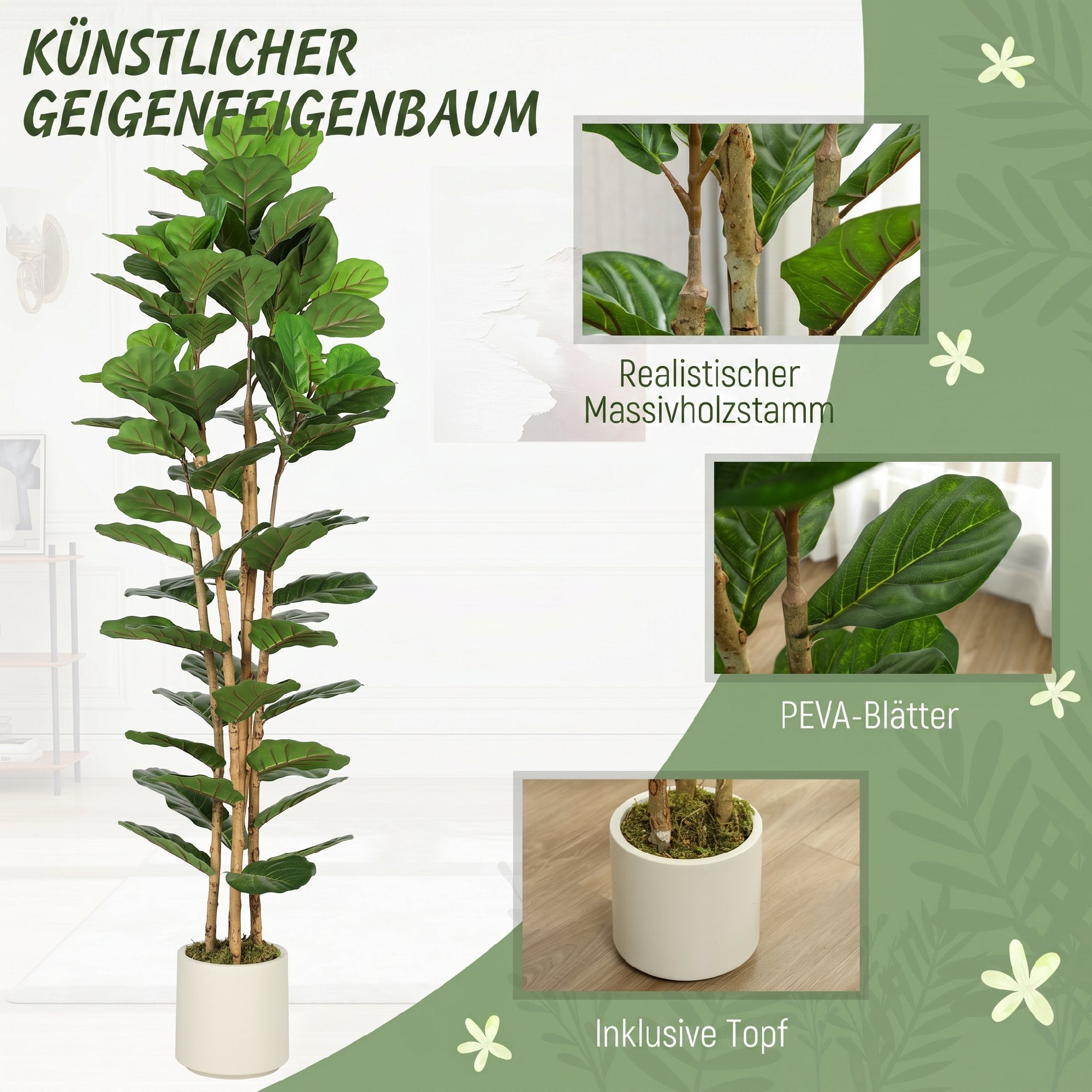 Artificial Fiddle Leaf Fig Tree, 180 cm (71 in), 91 Leaves, Solid Wood Trunk, Potted Realistic Plastic Plant for Living Room, Bedroom, Office, Garden Décor