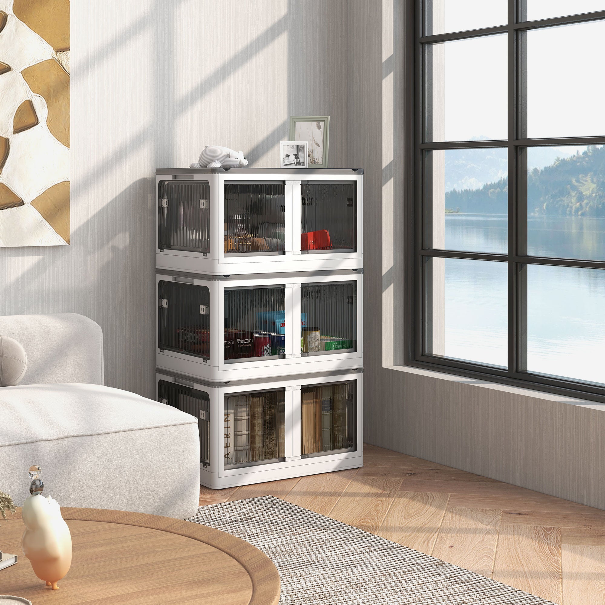 Plastic Storage Box 3-Piece Set with Wheels Foldable Bins Storage Stackable Wardrobe Organizer for Toys, Clothes, Books White, 60cm x 42cm x 34cm