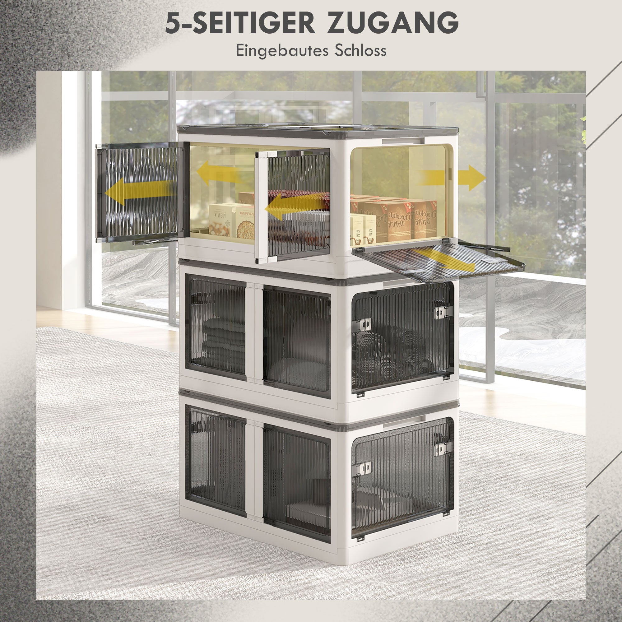 Plastic Storage Box 3-Piece Set with Wheels Foldable Bins Storage Stackable Wardrobe Organizer for Toys, Clothes, Books White, 60cm x 42cm x 34cm