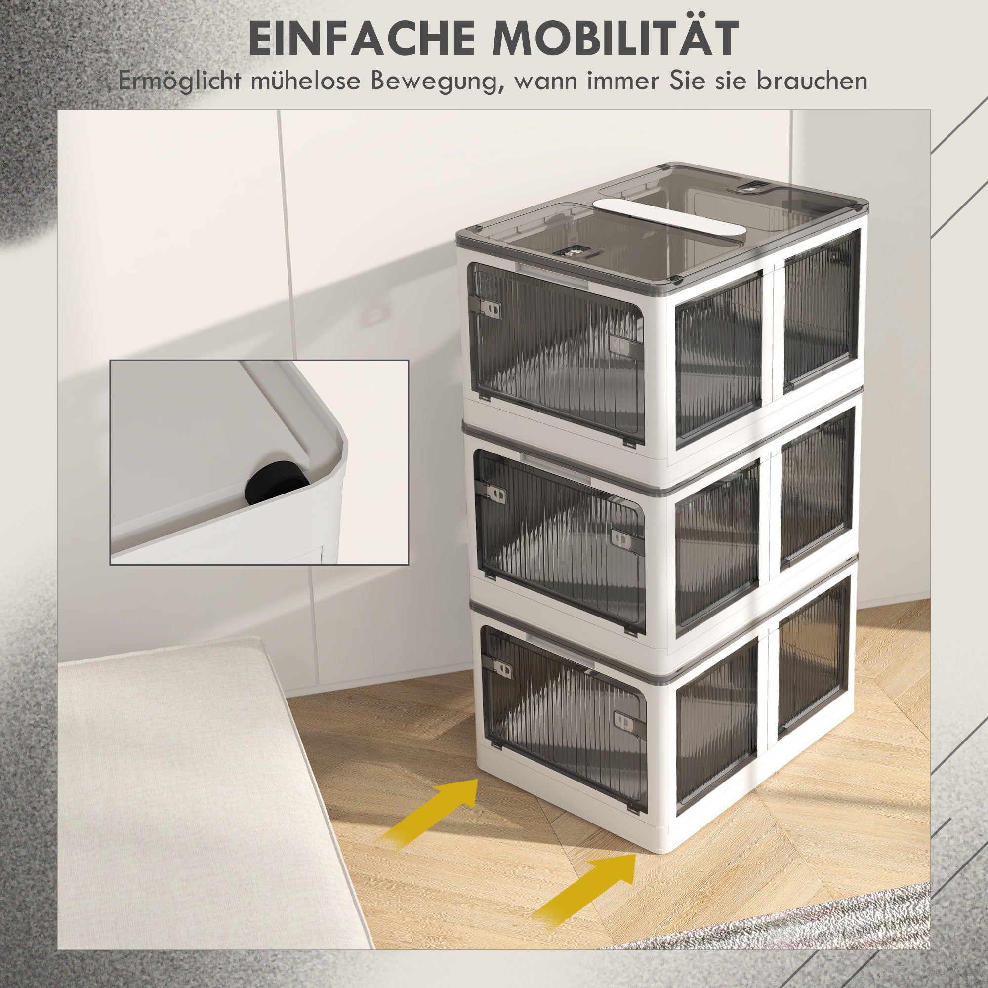 Plastic Storage Box 3-Piece Set with Wheels Foldable Bins Storage Stackable Wardrobe Organizer for Toys, Clothes, Books White, 60cm x 42cm x 34cm