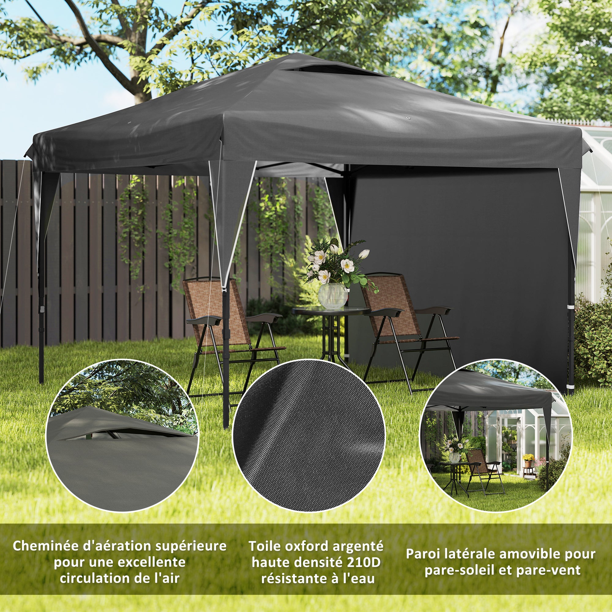 Pop-Up Folding Garden Gazebo with Removable Side Wall + Transport Bag Steel Oxford Fabric 3 x 3 x 2.65 m Gray