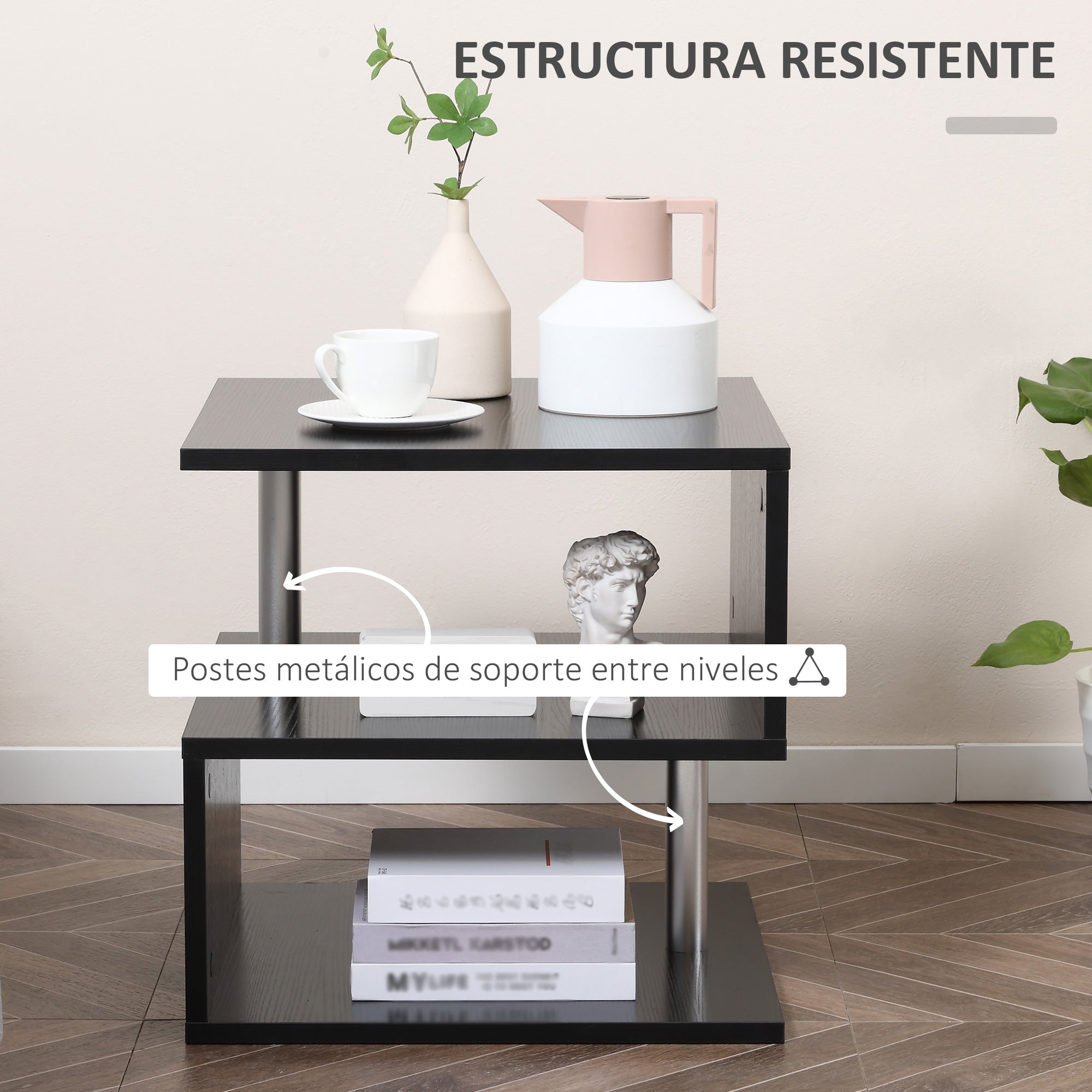 Small Side Table Square Side Table for Sofa with S-Shaped Open Compartment Modern Design 50x50x50 cm Black