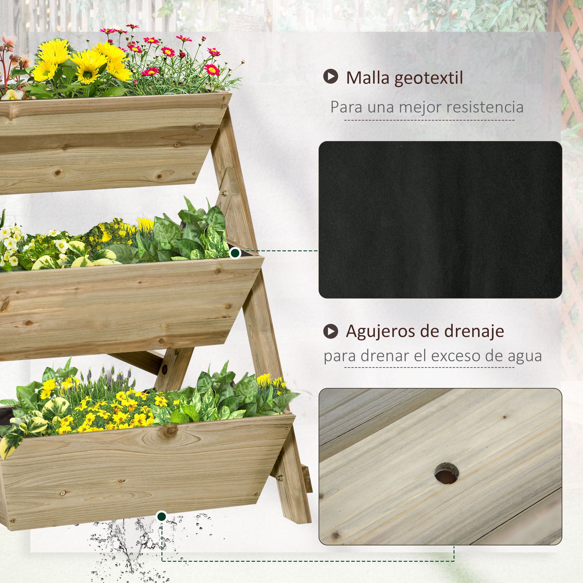 3-Tier Wooden Vertical Planter Box with Non-Woven Fabric and Drainage Holes Urban Garden for Plants Pots Flowers Garden 71x61x77 cm Natural