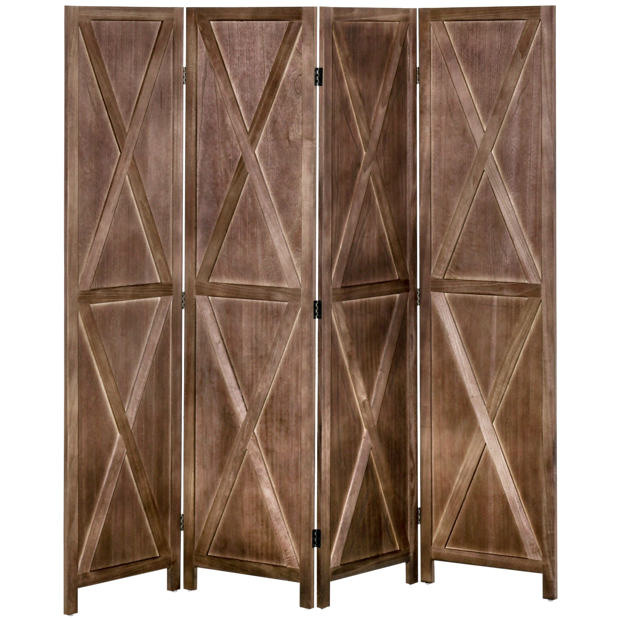 Indoor Room Divider 4 Panels 182 x 170 cm Country-Chic Style - Room Divider with Crisscross Panels - Walnut Paulownia Wood