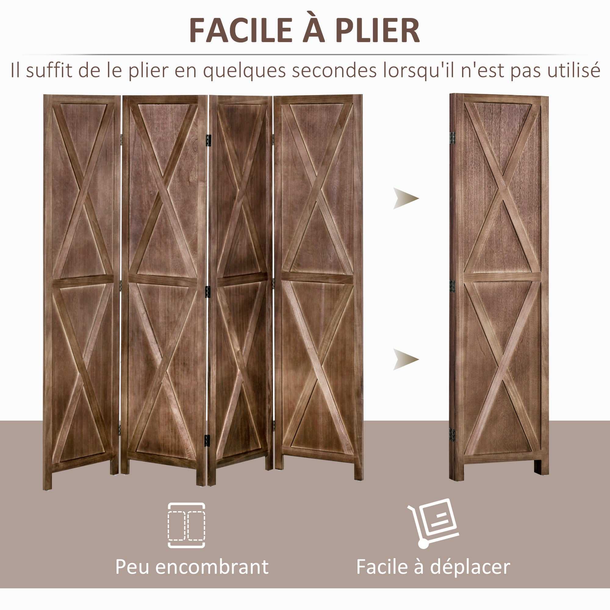 Indoor Room Divider 4 Panels 182 x 170 cm Country-Chic Style - Room Divider with Crisscross Panels - Walnut Paulownia Wood