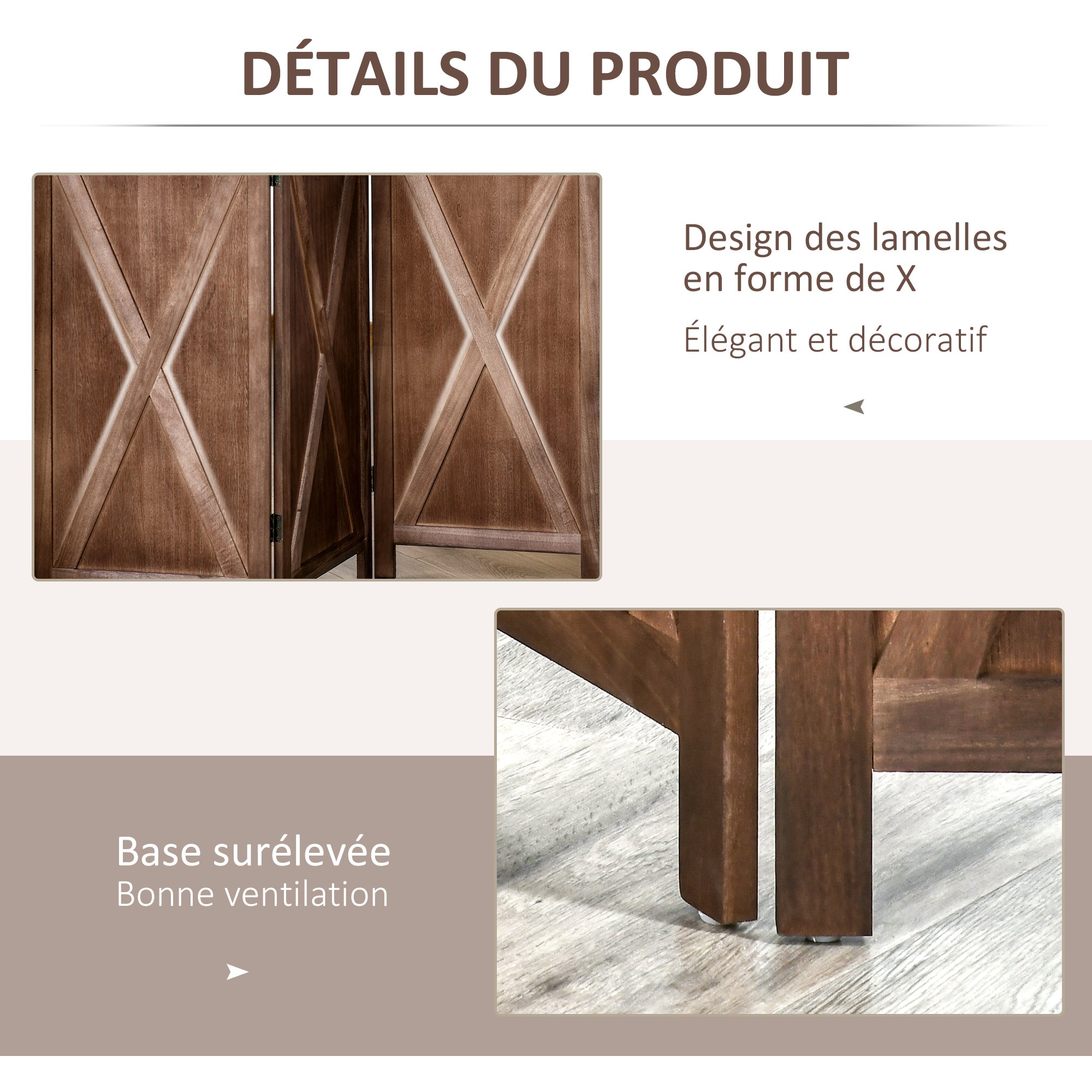 Indoor Room Divider 4 Panels 182 x 170 cm Country-Chic Style - Room Divider with Crisscross Panels - Walnut Paulownia Wood