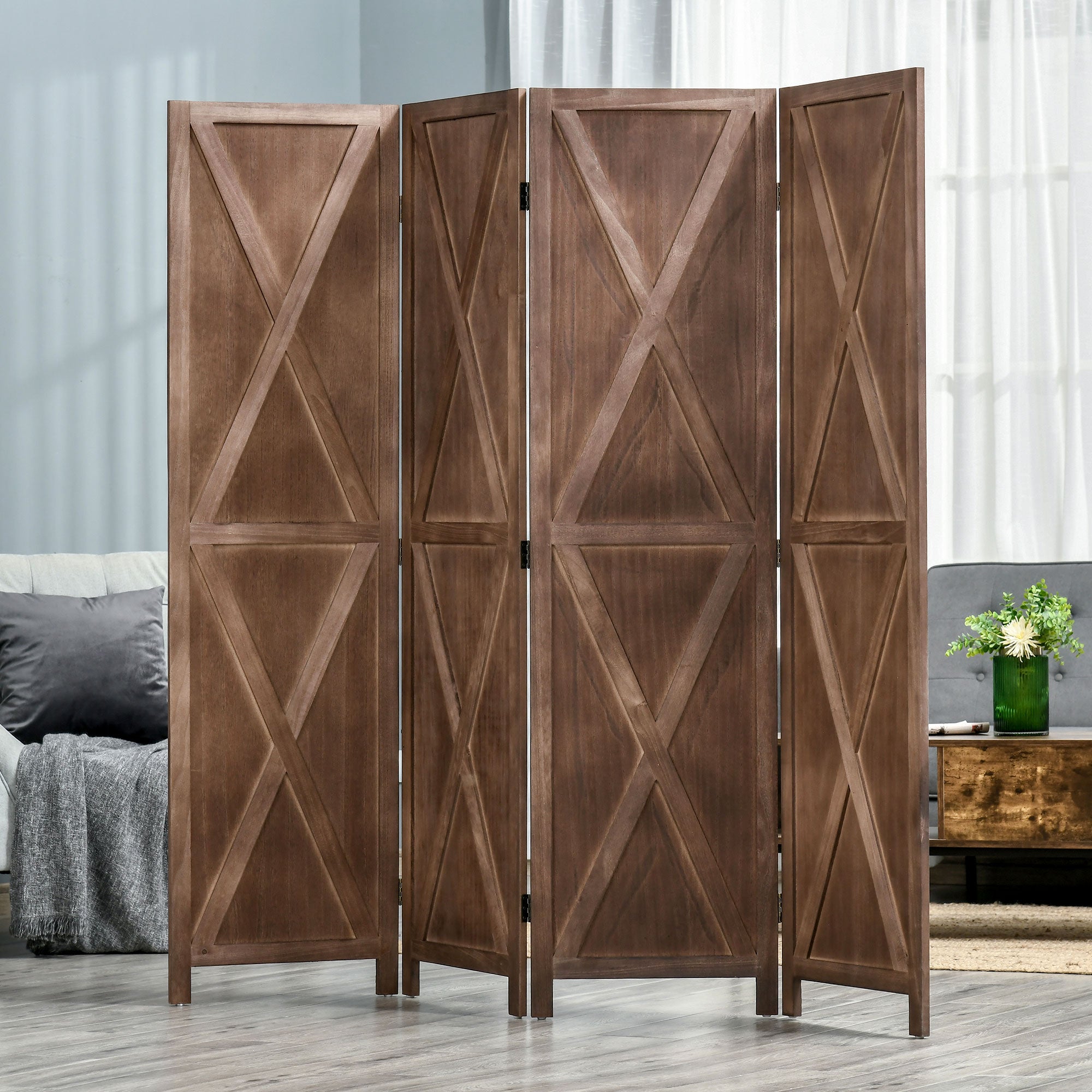 Indoor Room Divider 4 Panels 182 x 170 cm Country-Chic Style - Room Divider with Crisscross Panels - Walnut Paulownia Wood