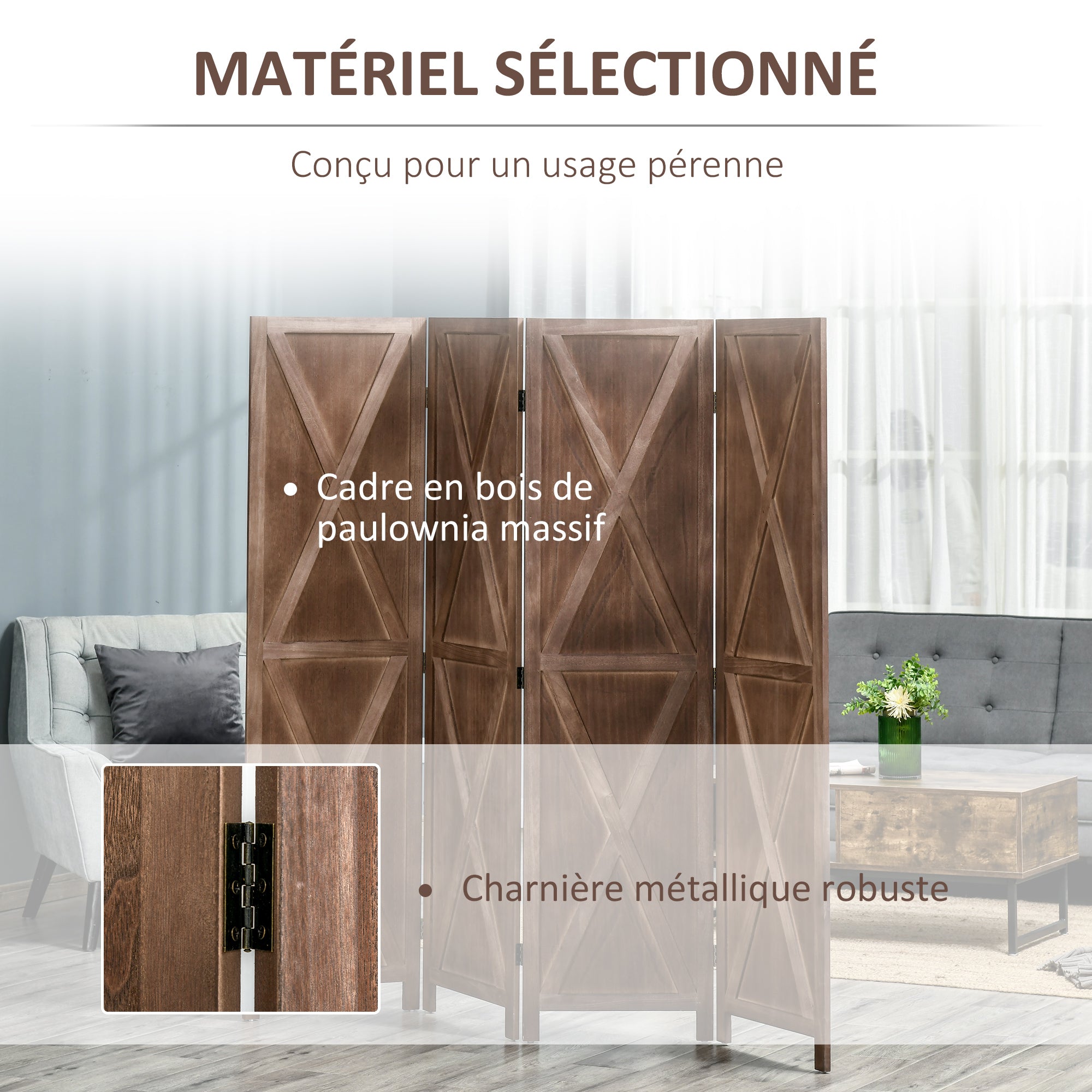 Indoor Room Divider 4 Panels 182 x 170 cm Country-Chic Style - Room Divider with Crisscross Panels - Walnut Paulownia Wood