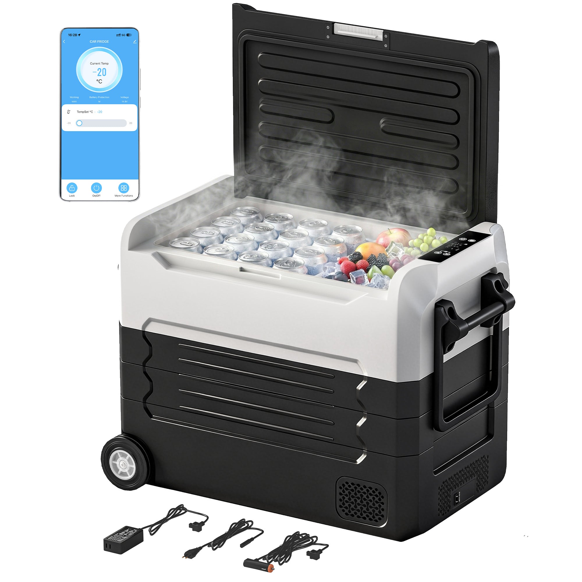 50L Dual-Zone Compressor Fridge (-4°F to 68°F) Portable Electric Car Cooler with App, LED, Battery Protection, Folding Handle — 12/24V DC & 110–230V AC