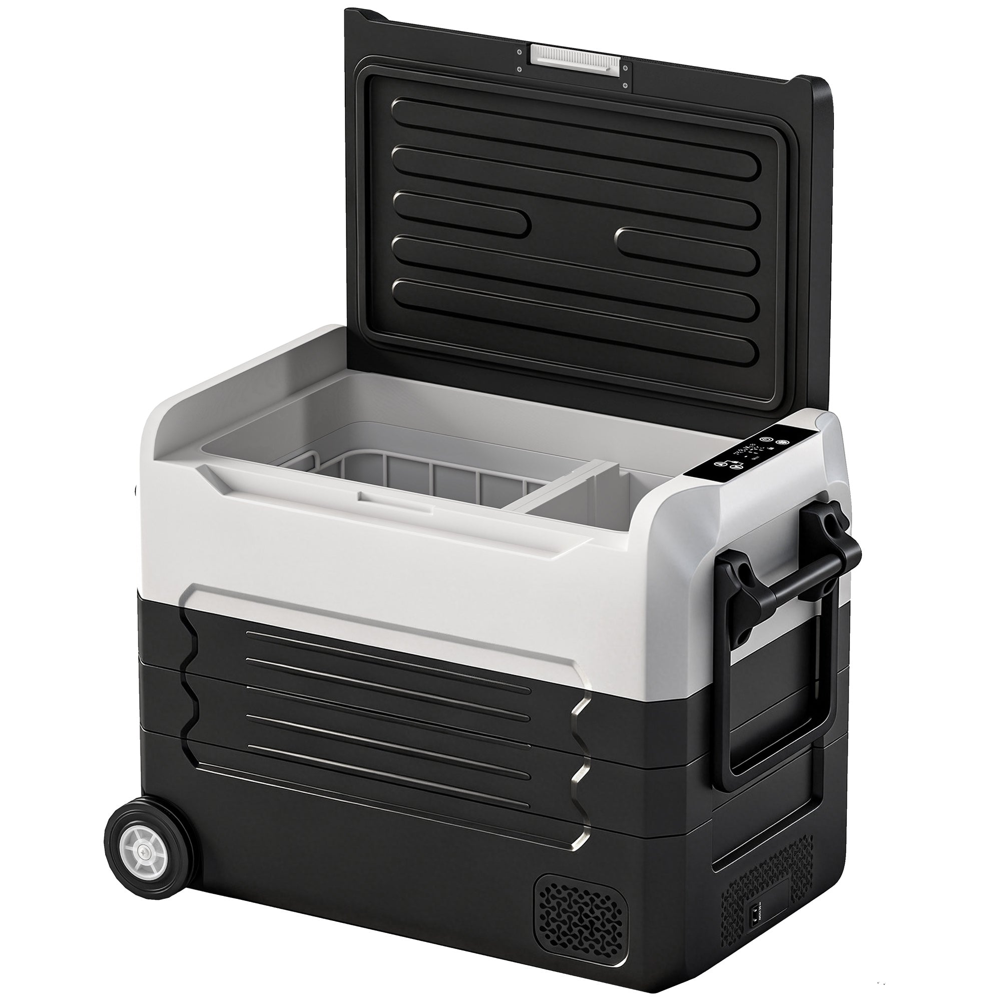 50L Dual-Zone Compressor Fridge (-4°F to 68°F) Portable Electric Car Cooler with App, LED, Battery Protection, Folding Handle — 12/24V DC & 110–230V AC