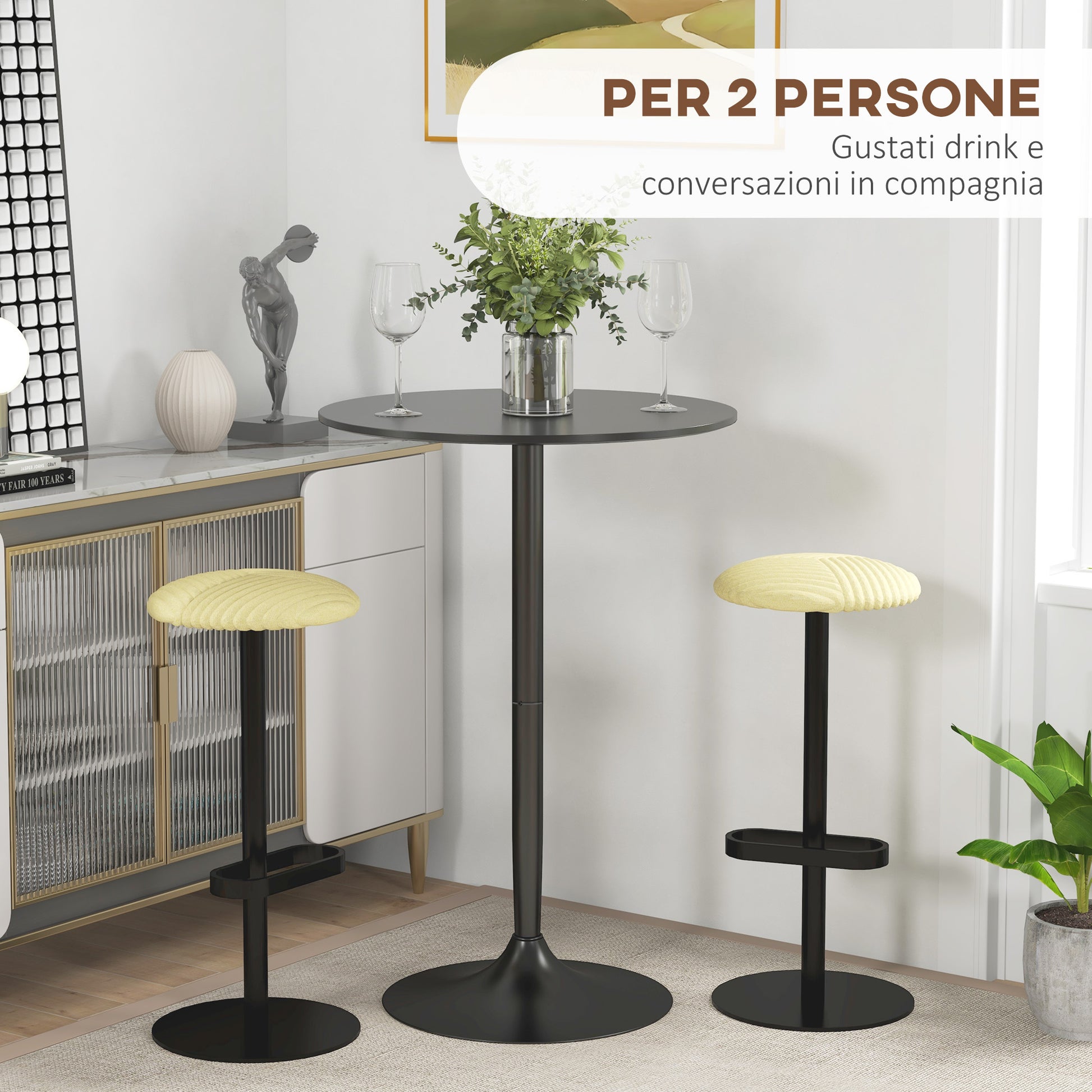 Modern High Bar Table, Round Kitchen Table for 2 People with Steel Base and MDF Top, Ø70x102cm, Black