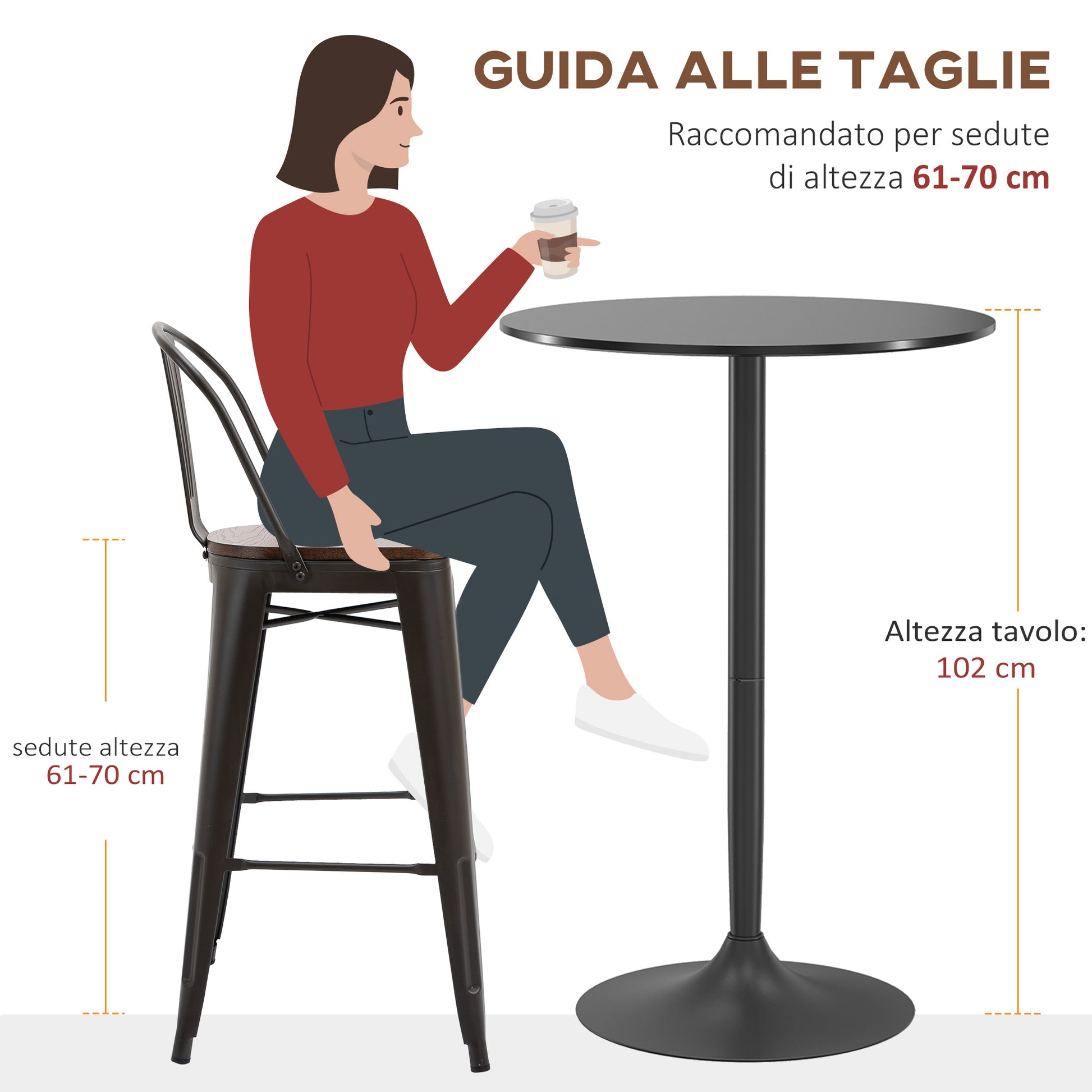 Modern High Bar Table, Round Kitchen Table for 2 People with Steel Base and MDF Top, Ø70x102cm, Black