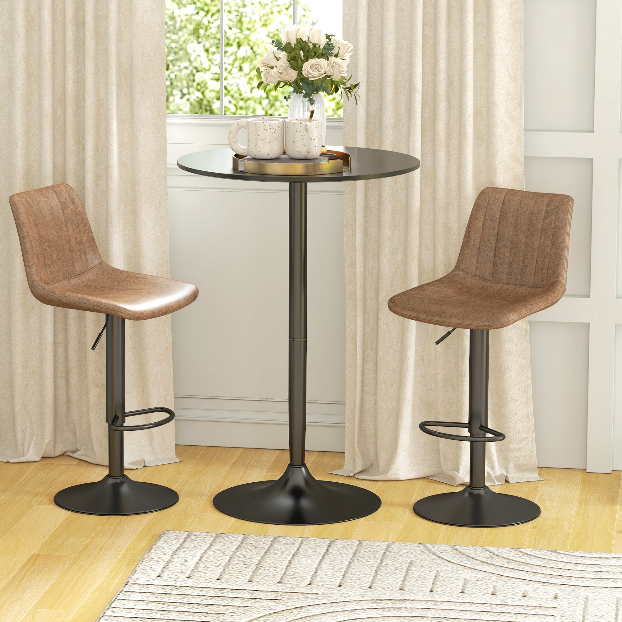 Modern High Bar Table, Round Kitchen Table for 2 People with Steel Base and MDF Top, Ø70x102cm, Black