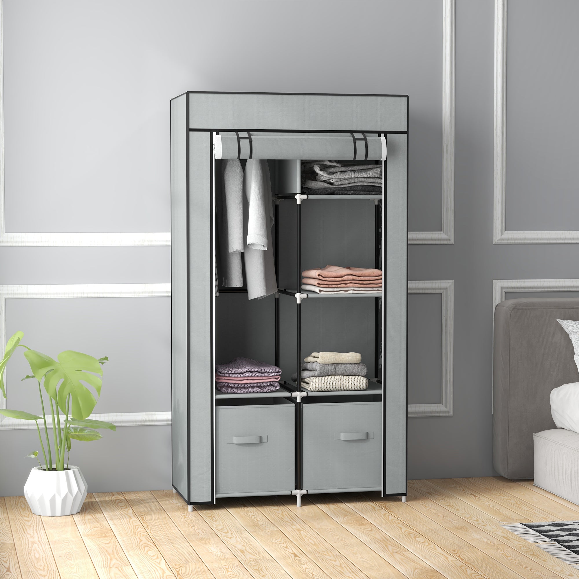 Wardrobe Fabric Closet with 5 Compartments, Clothes Rail, Zipper Folding Closet Fabric Wardrobe for Bedroom, Dressing Room, 150 x 45 x 175 cm, Light Grey